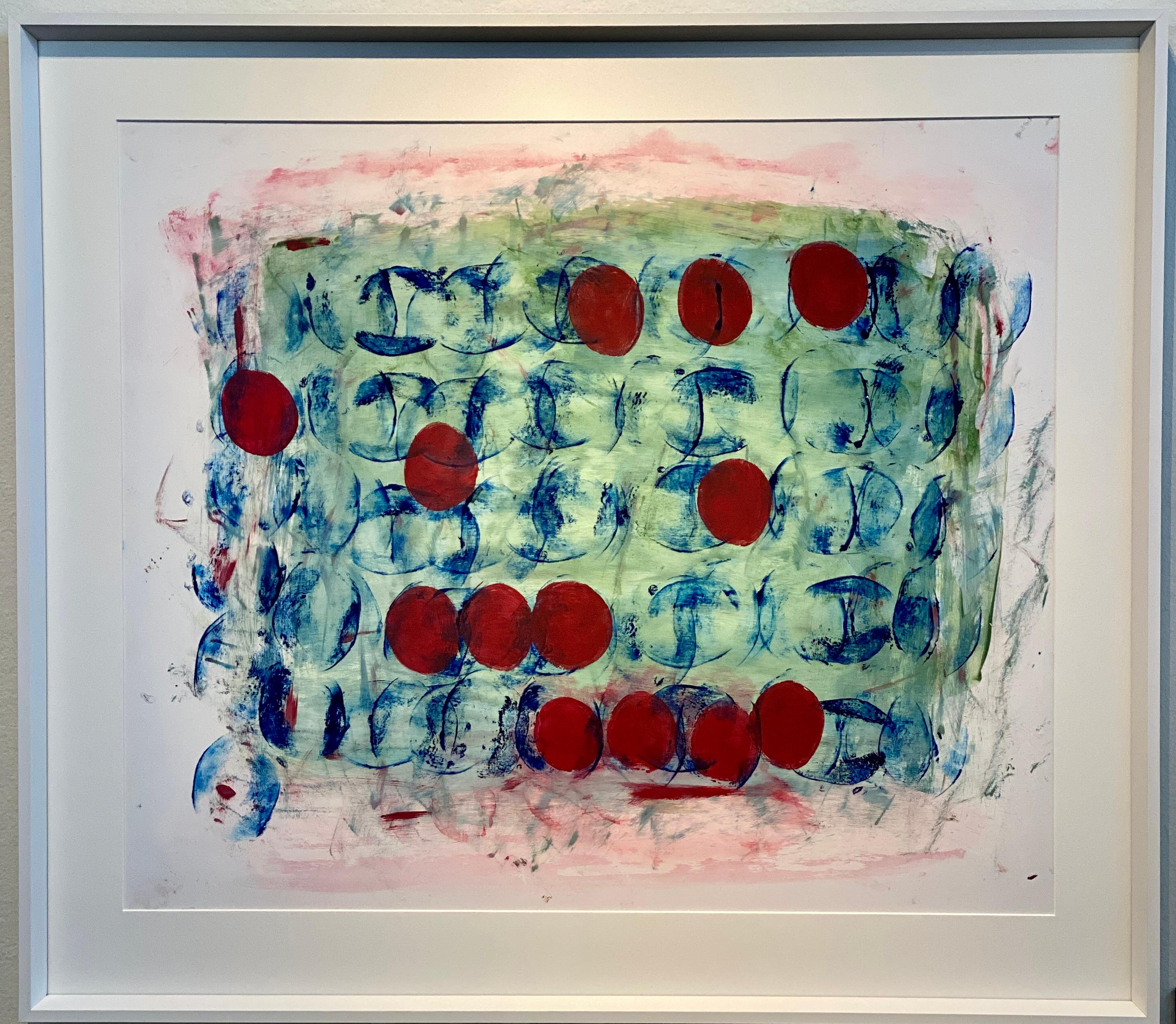 Underwater: Red Circles Against Blue Background  - Abstract Painting by Lisa Lightman