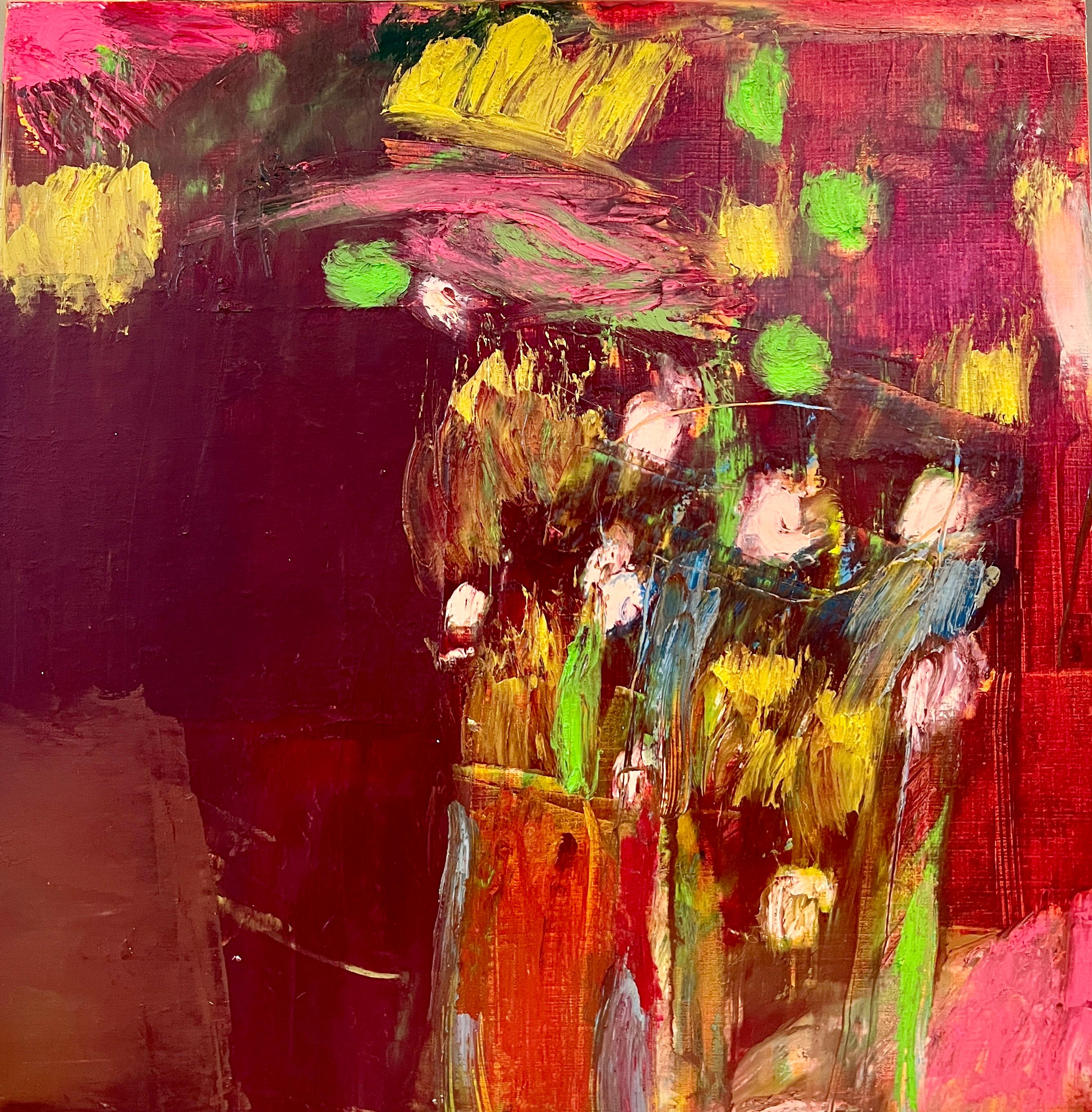 Vase et Montagnes, huile sur carton, marron, fleurs - Painting de Lisa Lightman