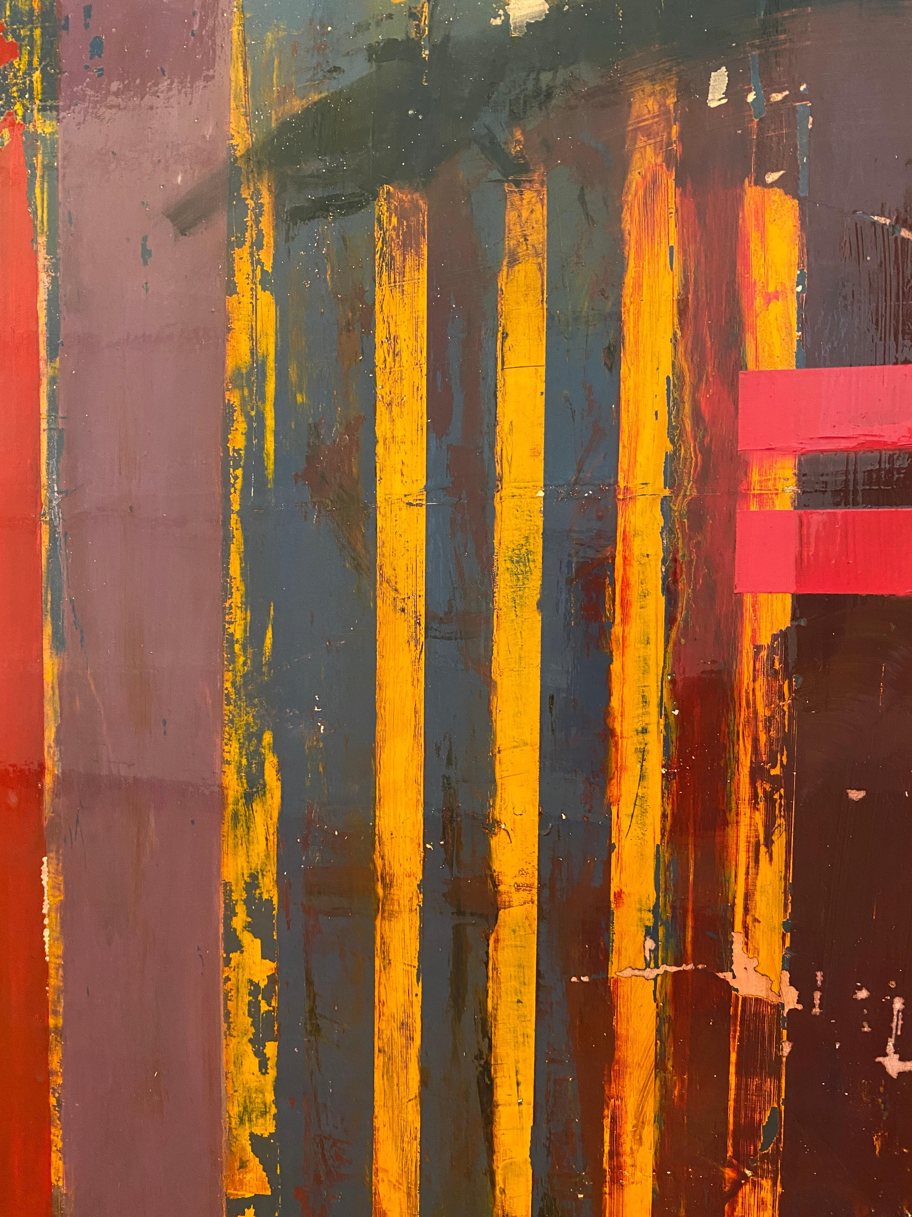 Wandmalerei in Florenz: rote und orangefarbene Streifen auf Karton, 2019 (Braun), Abstract Painting, von Lisa Lightman