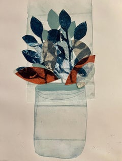 Eine Vase mit teilten Blättern, botantisch auf Papier, blau