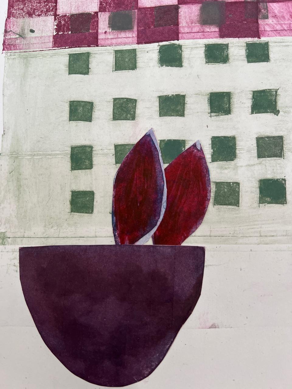 Bowl with Leaves, blue, green monoprint - Gray Interior Print by Lisa Lightman