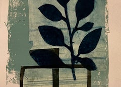 Vase, Blue Leaves with Stem, Botanical Print on Paper