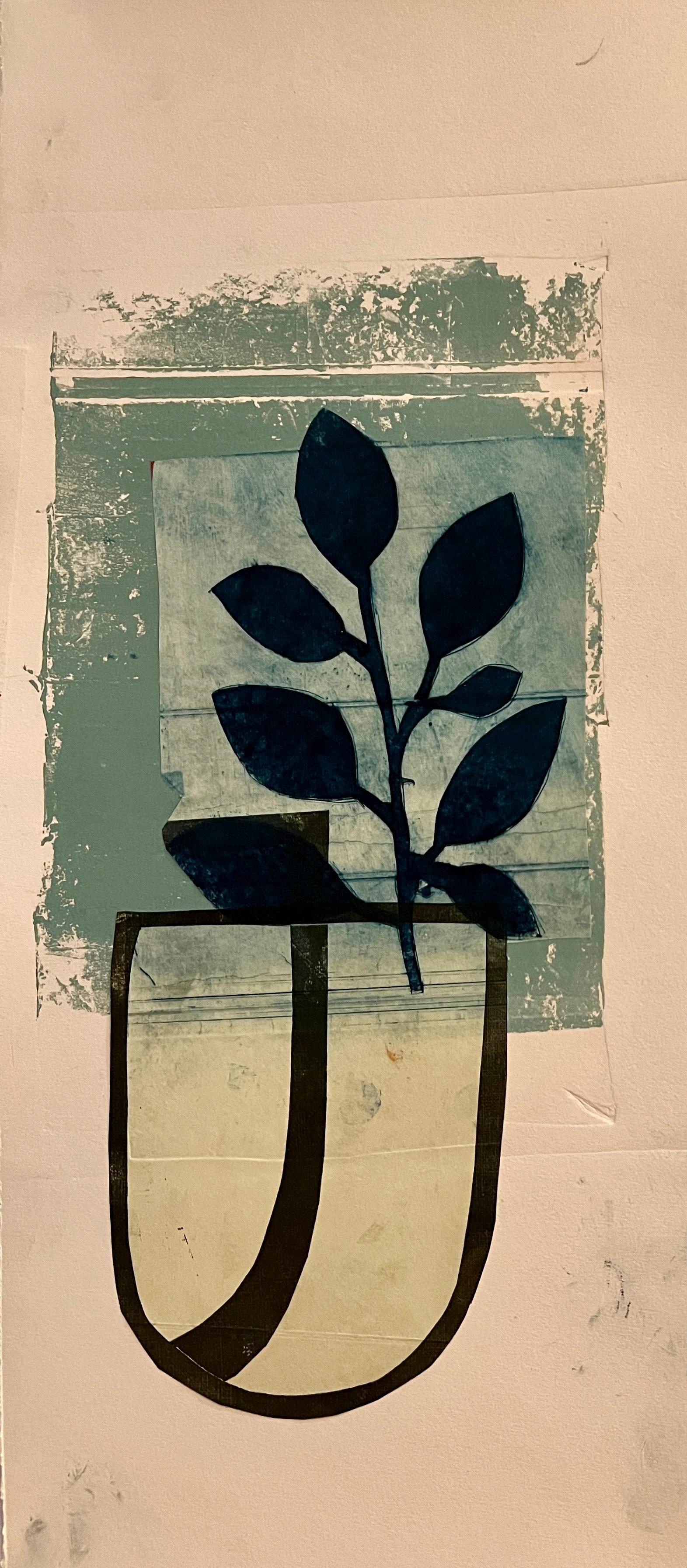 Vase, Blue Leaves with Stem, botanical print on paper - Print by Lisa Lightman