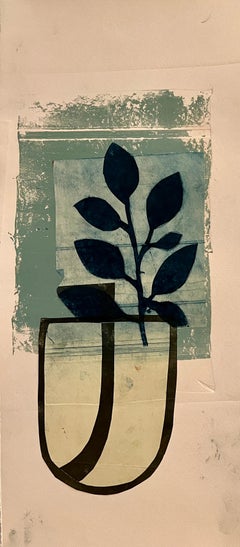 Vase, Blaue Blätter mit Stem, botanischer Druck auf Papier