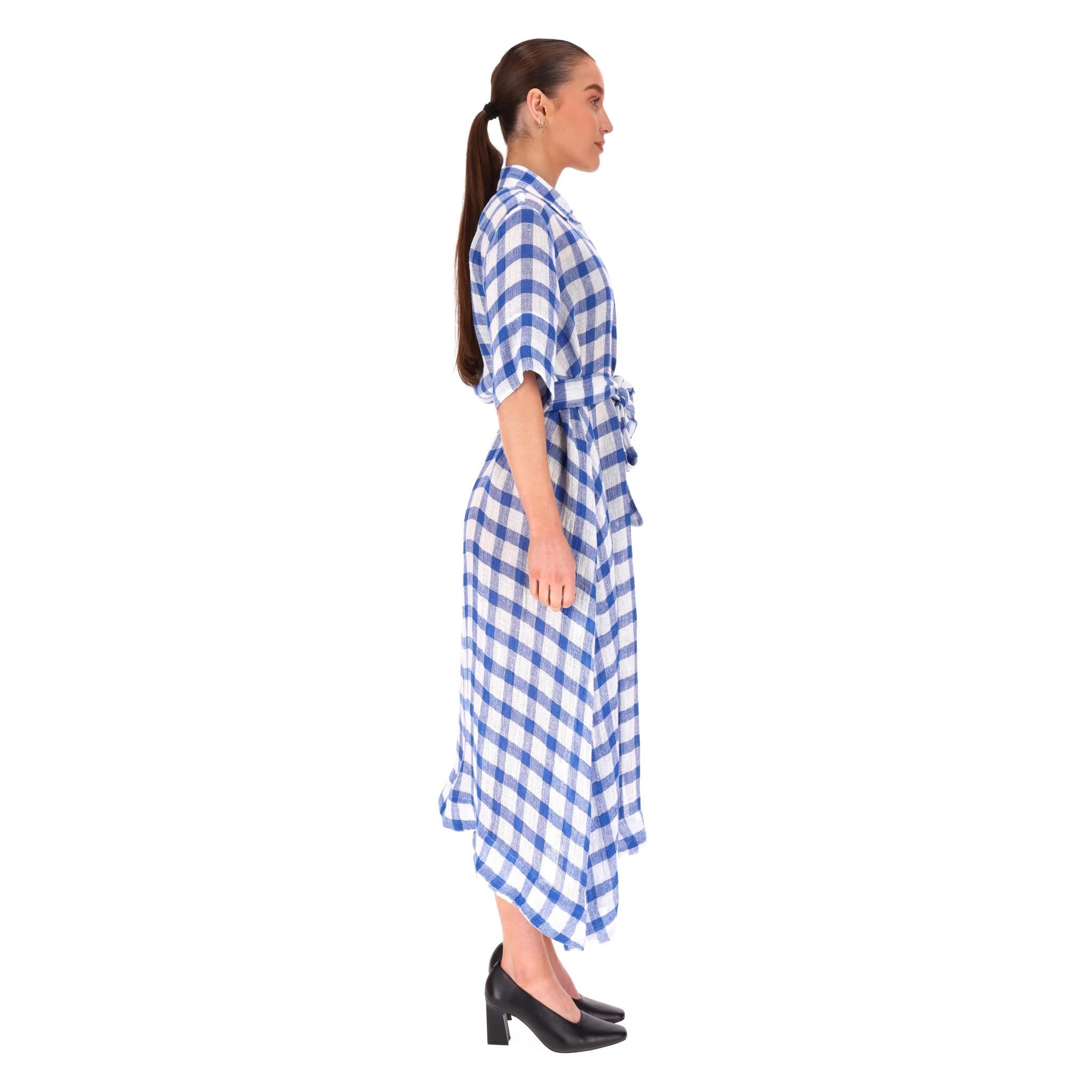 Blue Lisa Marie Fernandez Belted Gingham Linen Dress