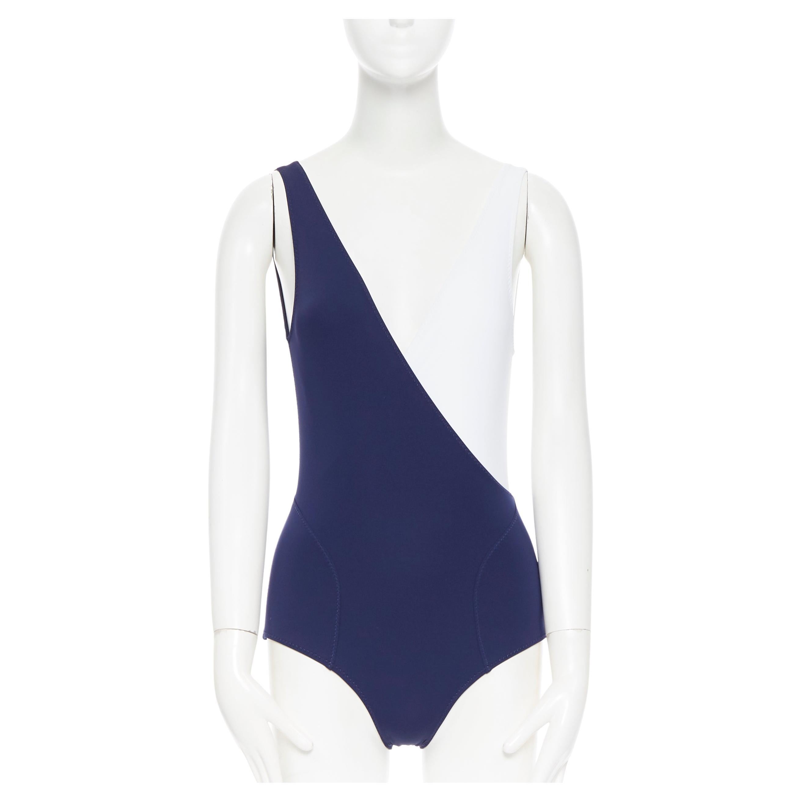 LISA MARIE FERNANDEZ navy blue white crossover plunge neck one piece swimsuit XS