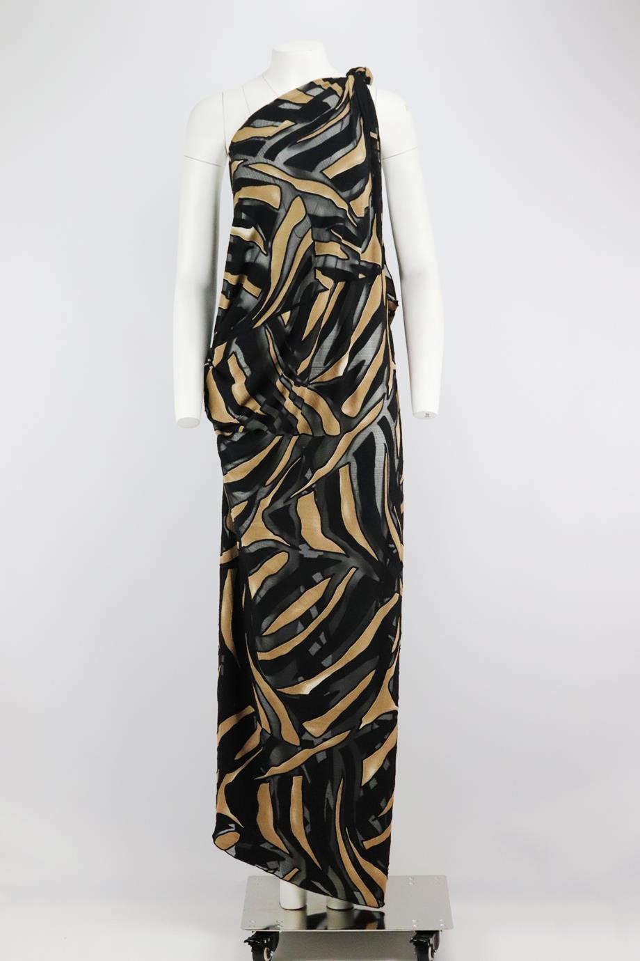 Lisa Marie Fernandez one shoulder printed devoré crepe maxi dress. Black and beige. Sleeveless, one shoulder. Slips on. 60% Viscose, 40% polyester. Size: 3 (UK 10, US 6, FR 38, IT 42). Bust: 32 in. Waist: 40 in. Hips: 48 in. Length: 57 in. Very good