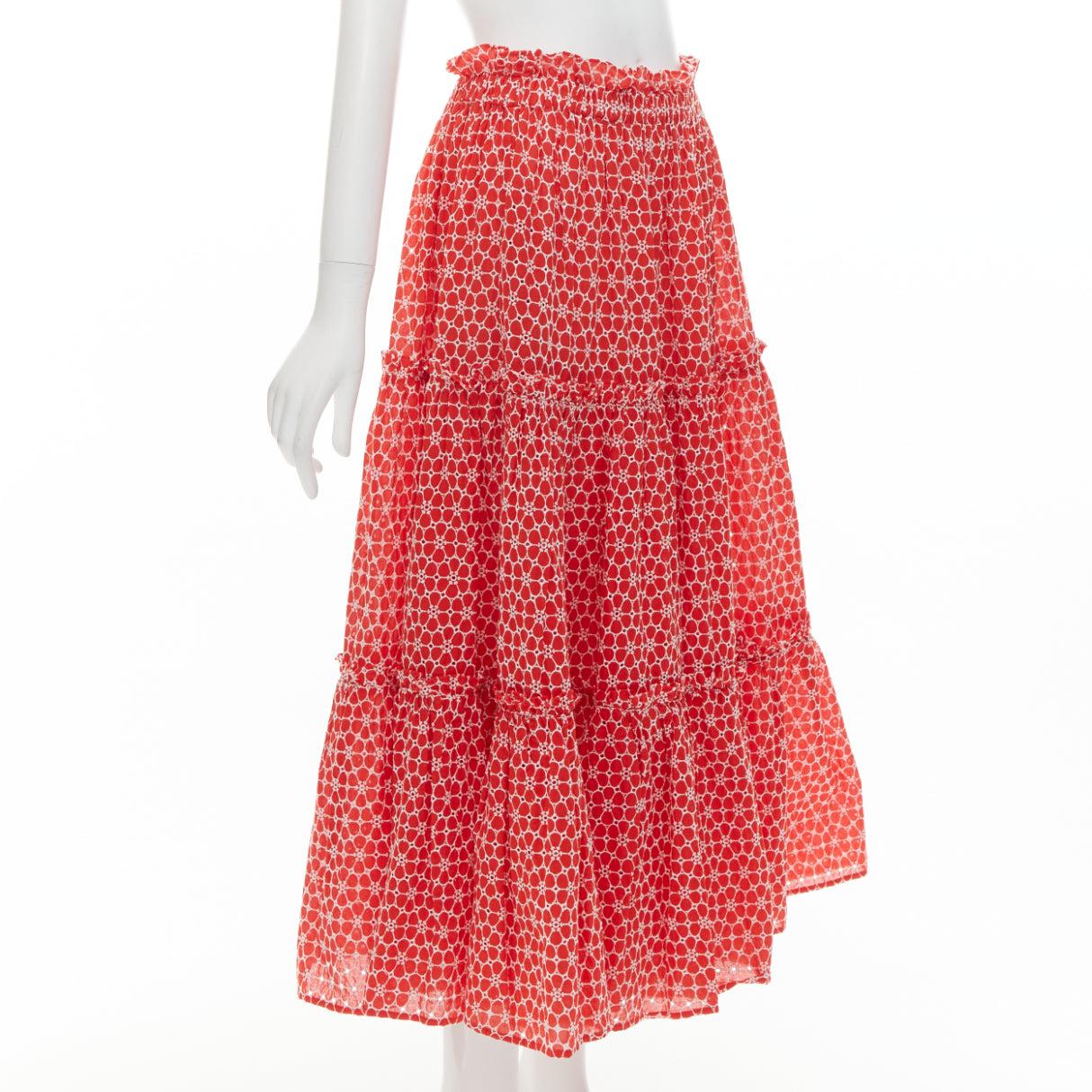 Red LISA MARIE FERNANDEZ red cotton embroidery eyelet ruffle tiered midi skirt US2 S For Sale