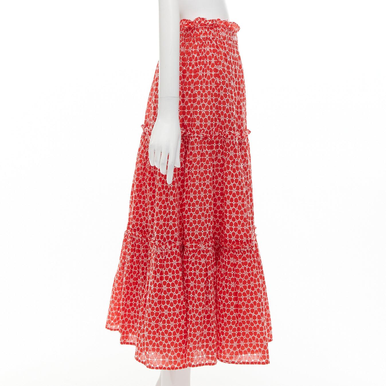 LISA MARIE FERNANDEZ red cotton embroidery eyelet ruffle tiered midi skirt US2 S In Excellent Condition For Sale In Hong Kong, NT