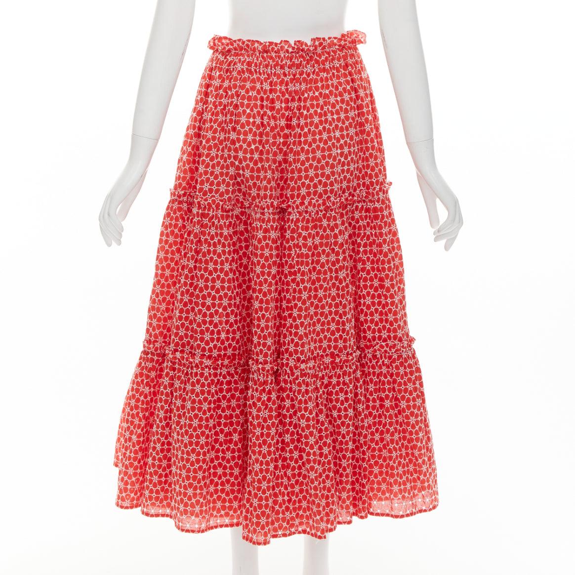Women's LISA MARIE FERNANDEZ red cotton embroidery eyelet ruffle tiered midi skirt US2 S For Sale