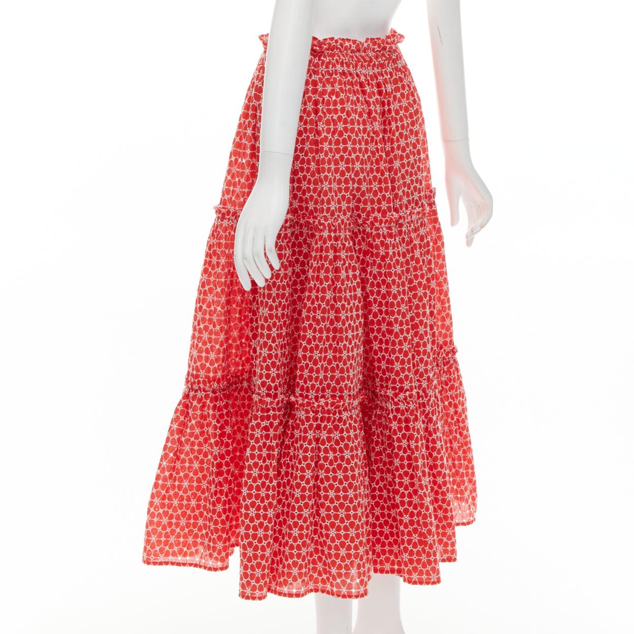 LISA MARIE FERNANDEZ red cotton embroidery eyelet ruffle tiered midi skirt US2 S For Sale 1