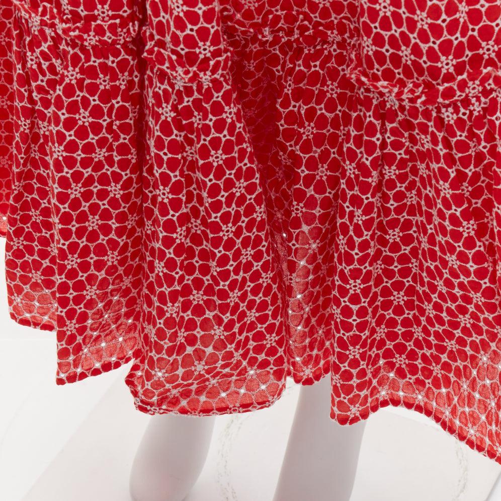 LISA MARIE FERNANDEZ red cotton embroidery eyelet ruffle tiered midi skirt US2 S For Sale 2