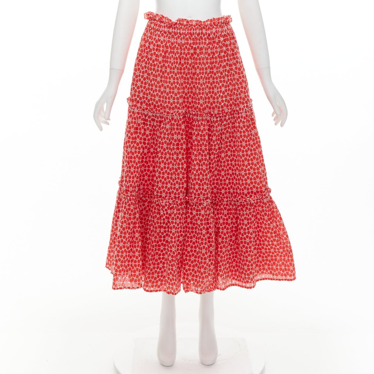 LISA MARIE FERNANDEZ red cotton embroidery eyelet ruffle tiered midi skirt US2 S For Sale 4