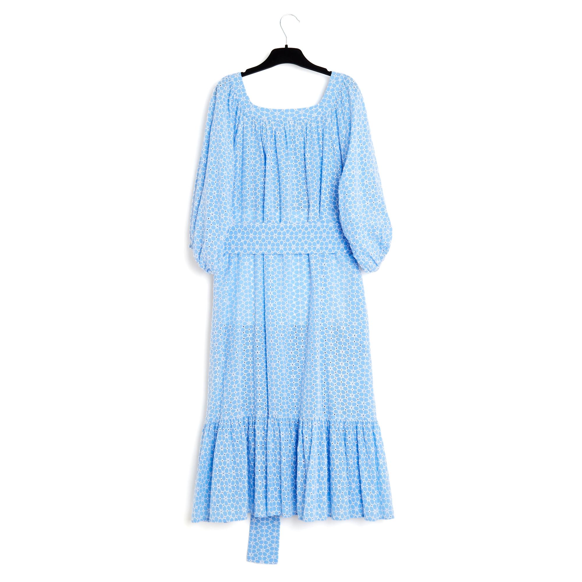 Lisa Marie Fernandez Robe FR40 Blue Cotton Maxi Ruffles Belted Dress UK12 US10 For Sale 2