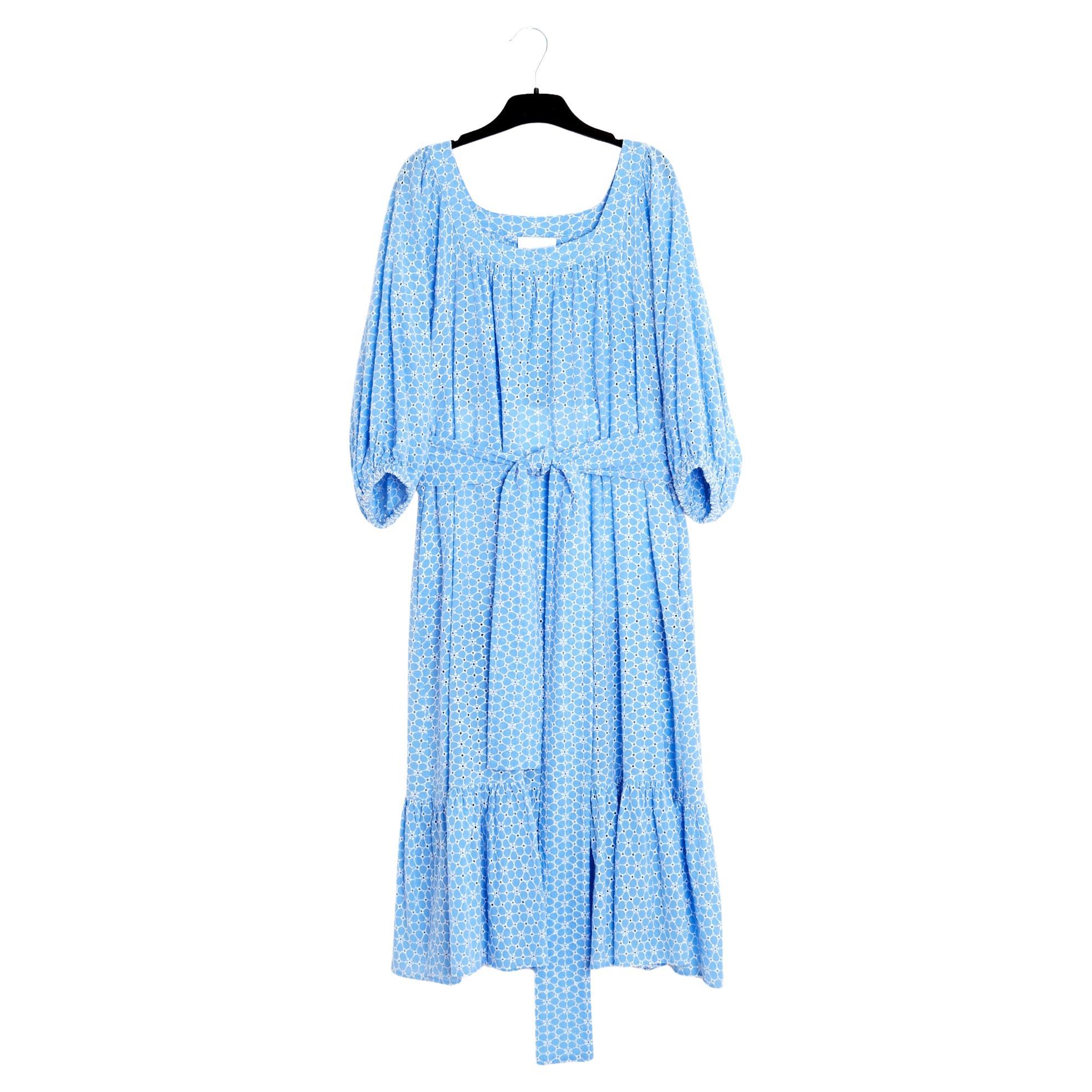 Lisa Marie Fernandez Robe FR40 Blue Cotton Maxi Ruffles Belted Dress UK12 US10 For Sale