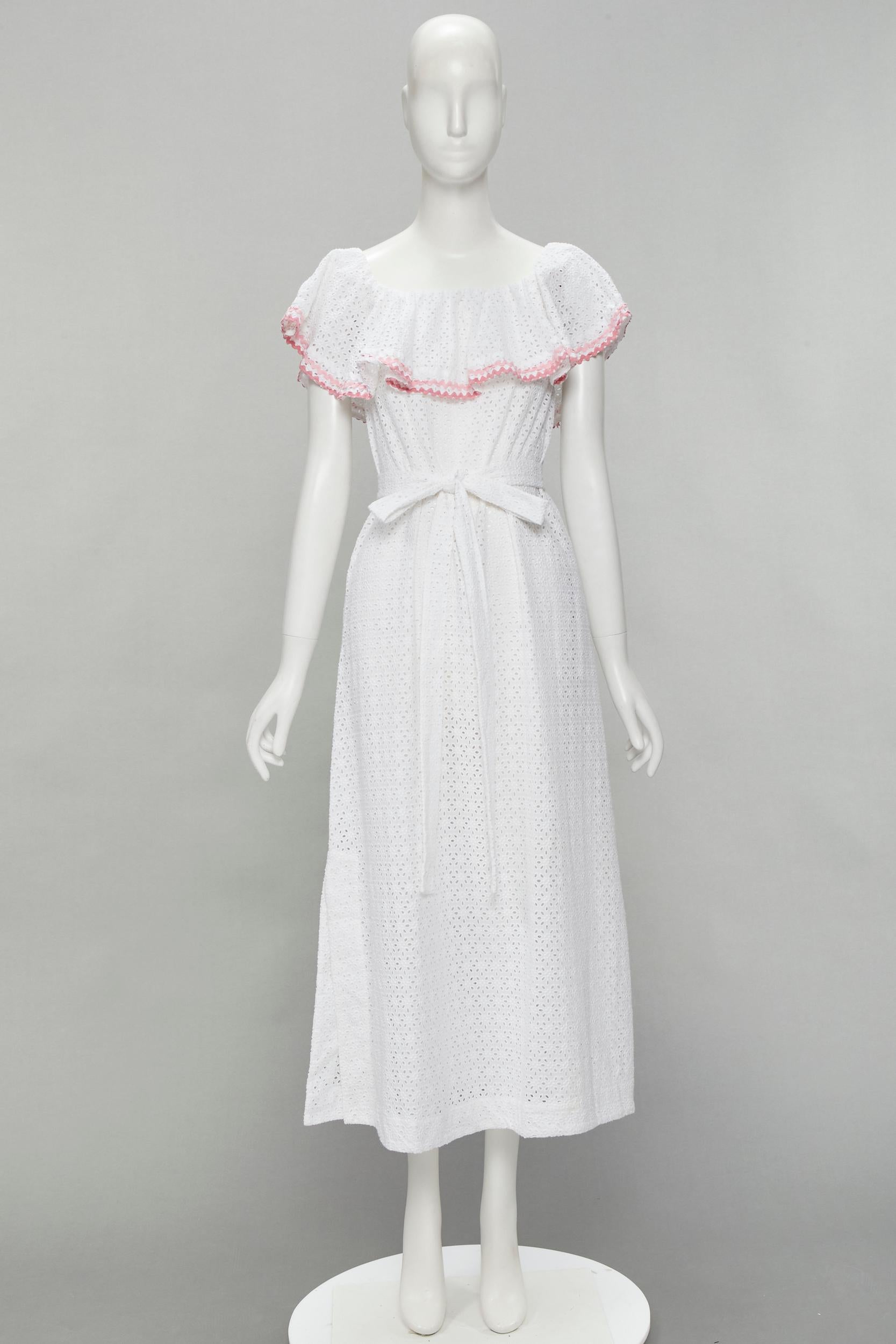 LISA MARIE FERNANDEZ white eyelet pink ruffle trim belted midi dress Sz. 1 S 5