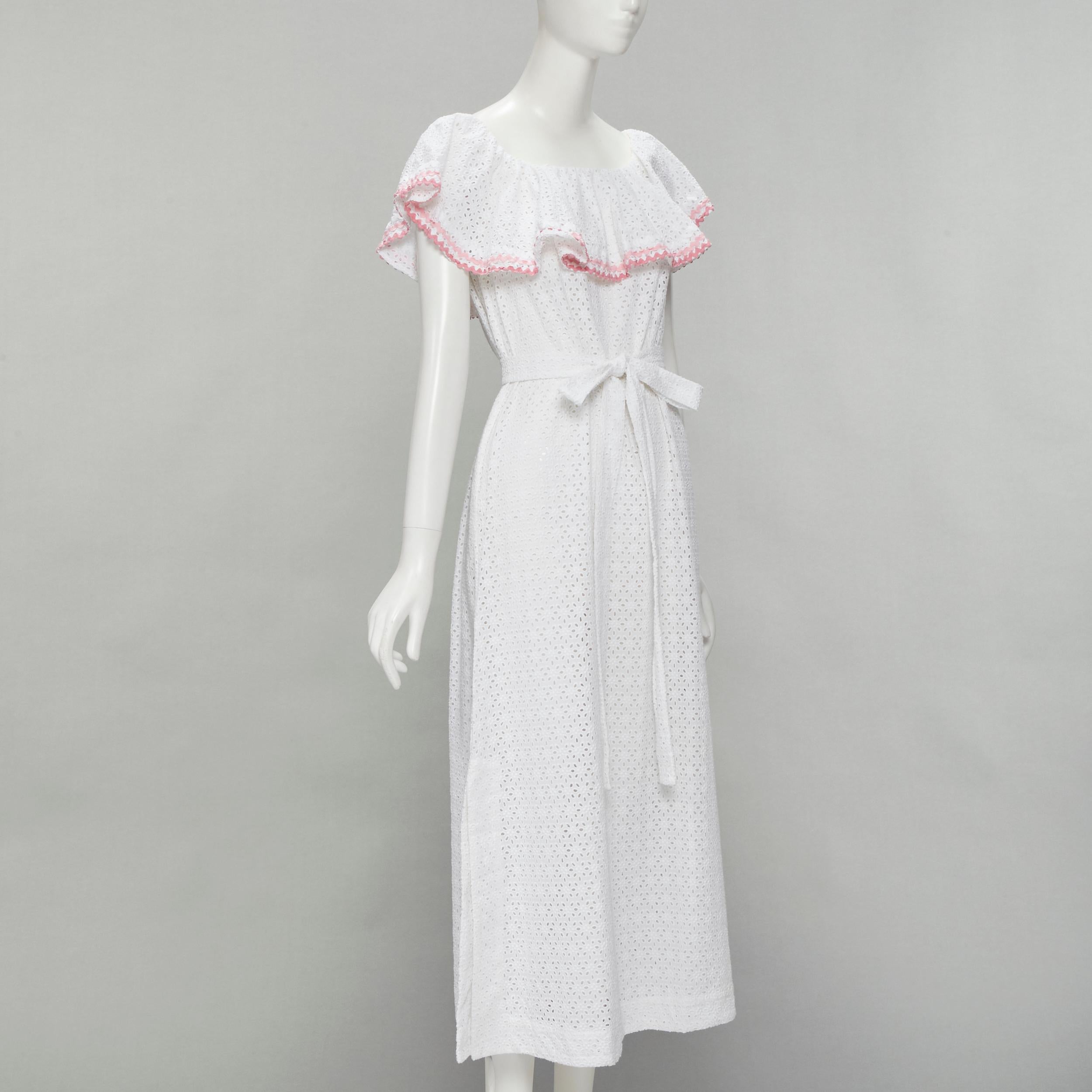 Gray LISA MARIE FERNANDEZ white eyelet pink ruffle trim belted midi dress Sz. 1 S For Sale