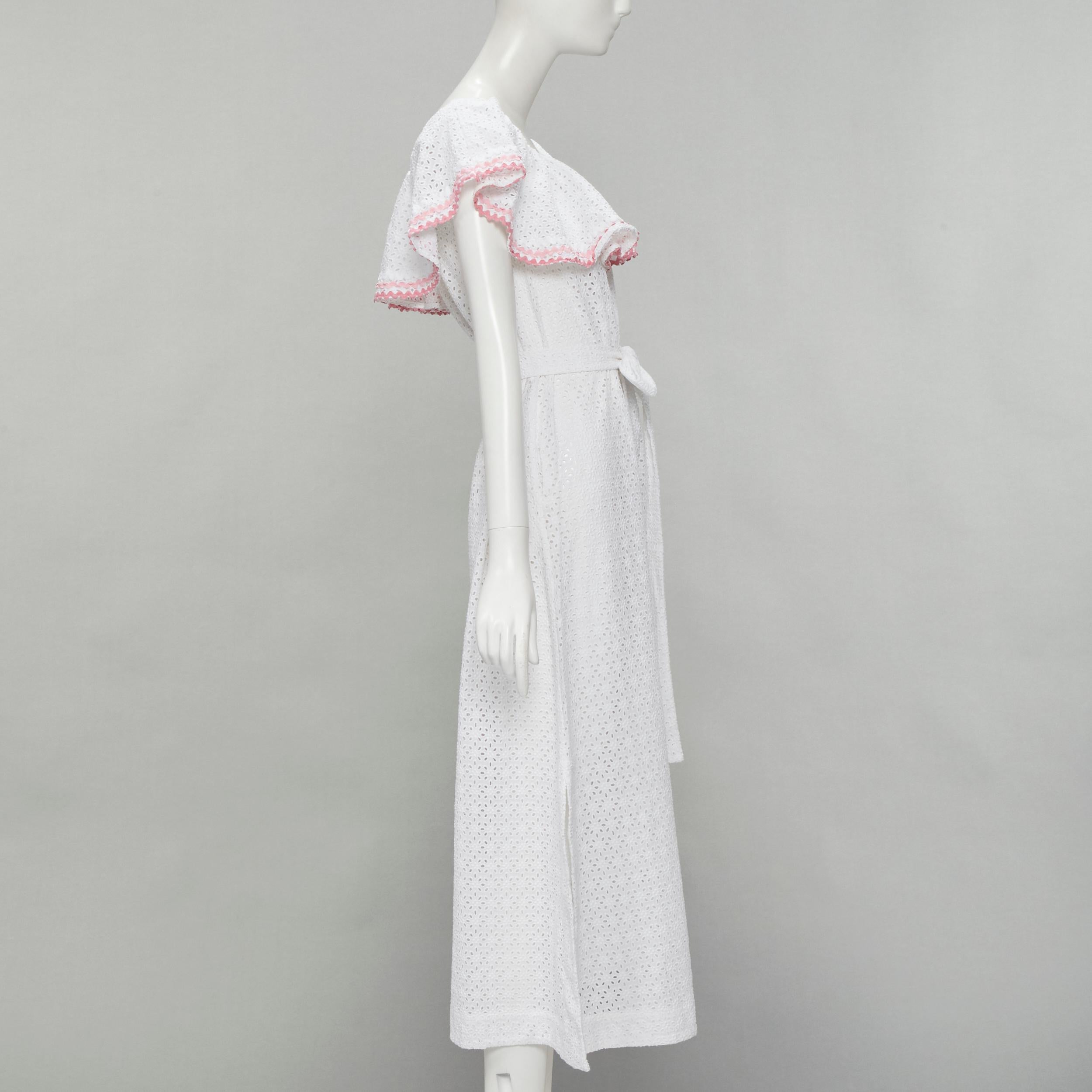 LISA MARIE FERNANDEZ white eyelet pink ruffle trim belted midi dress Sz. 1 S In Good Condition For Sale In Hong Kong, NT