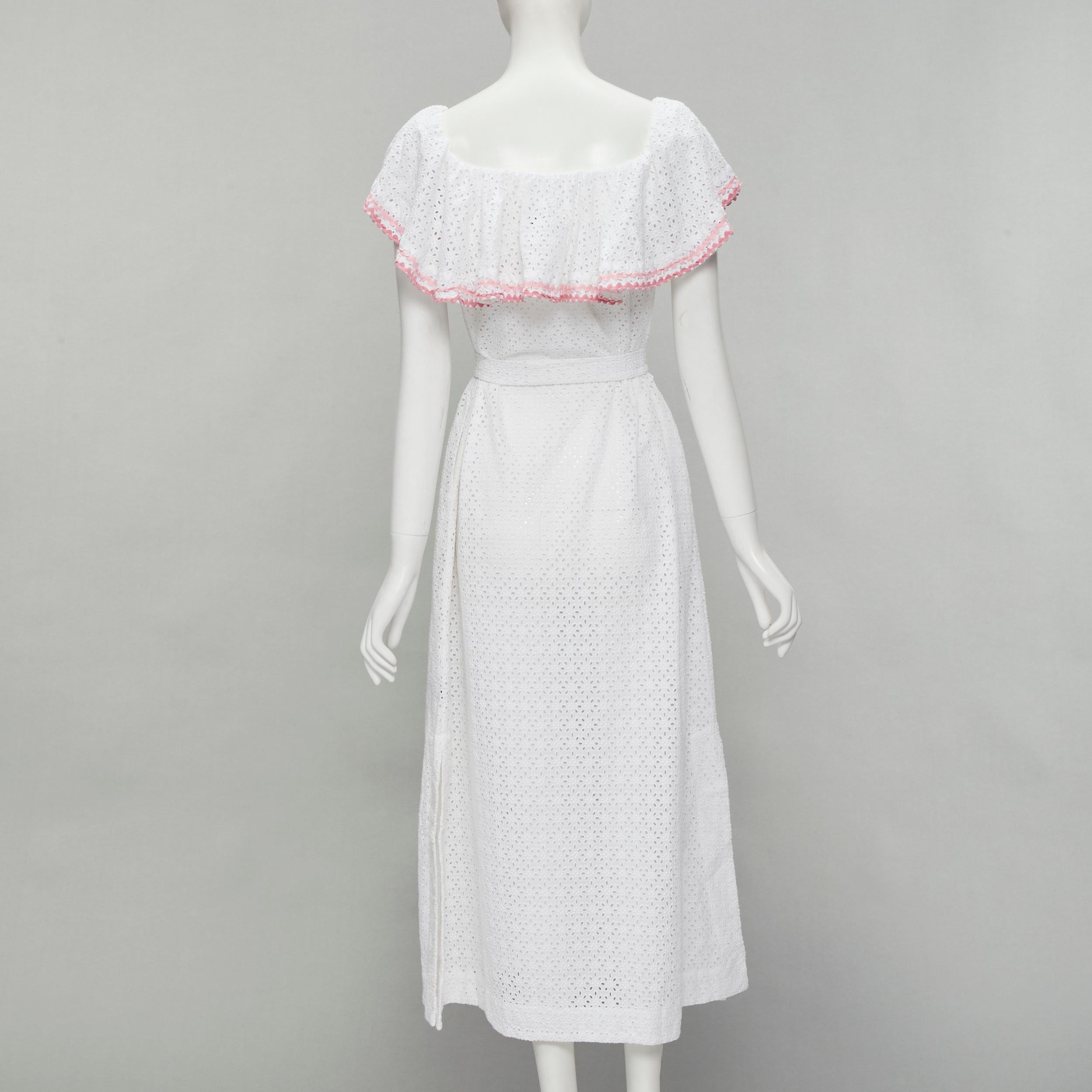 Women's LISA MARIE FERNANDEZ white eyelet pink ruffle trim belted midi dress Sz. 1 S For Sale