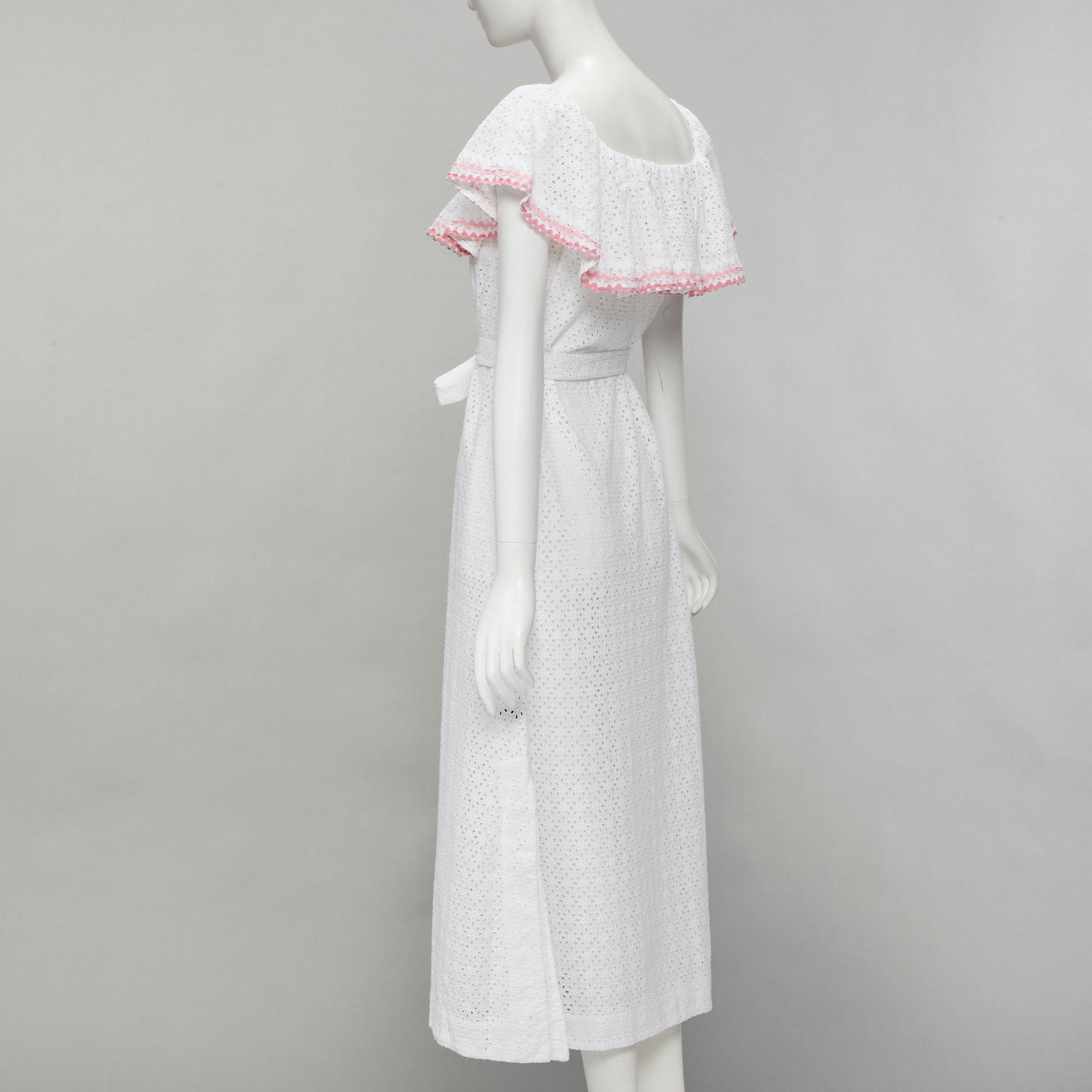 LISA MARIE FERNANDEZ white eyelet pink ruffle trim belted midi dress Sz. 1 S For Sale 1