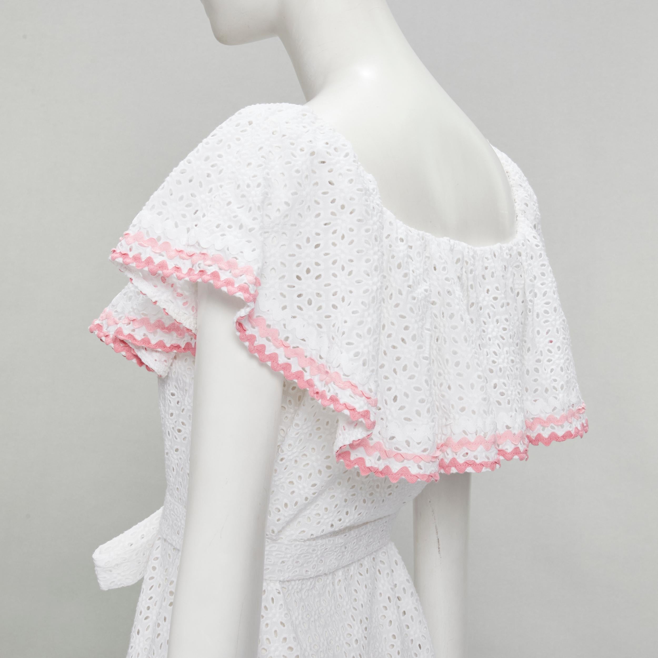 LISA MARIE FERNANDEZ white eyelet pink ruffle trim belted midi dress Sz. 1 S For Sale 2