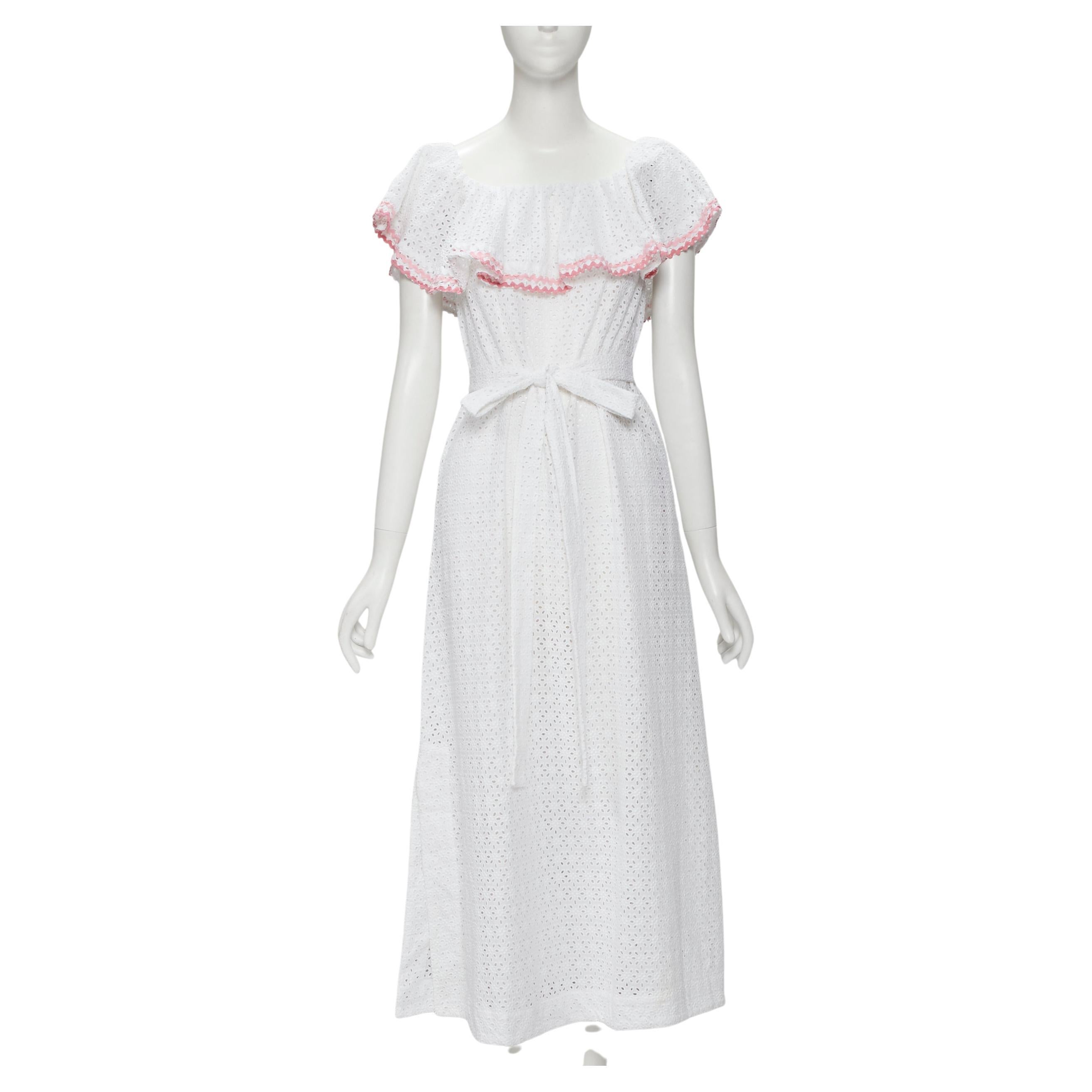 LISA MARIE FERNANDEZ white eyelet pink ruffle trim belted midi dress Sz. 1 S For Sale