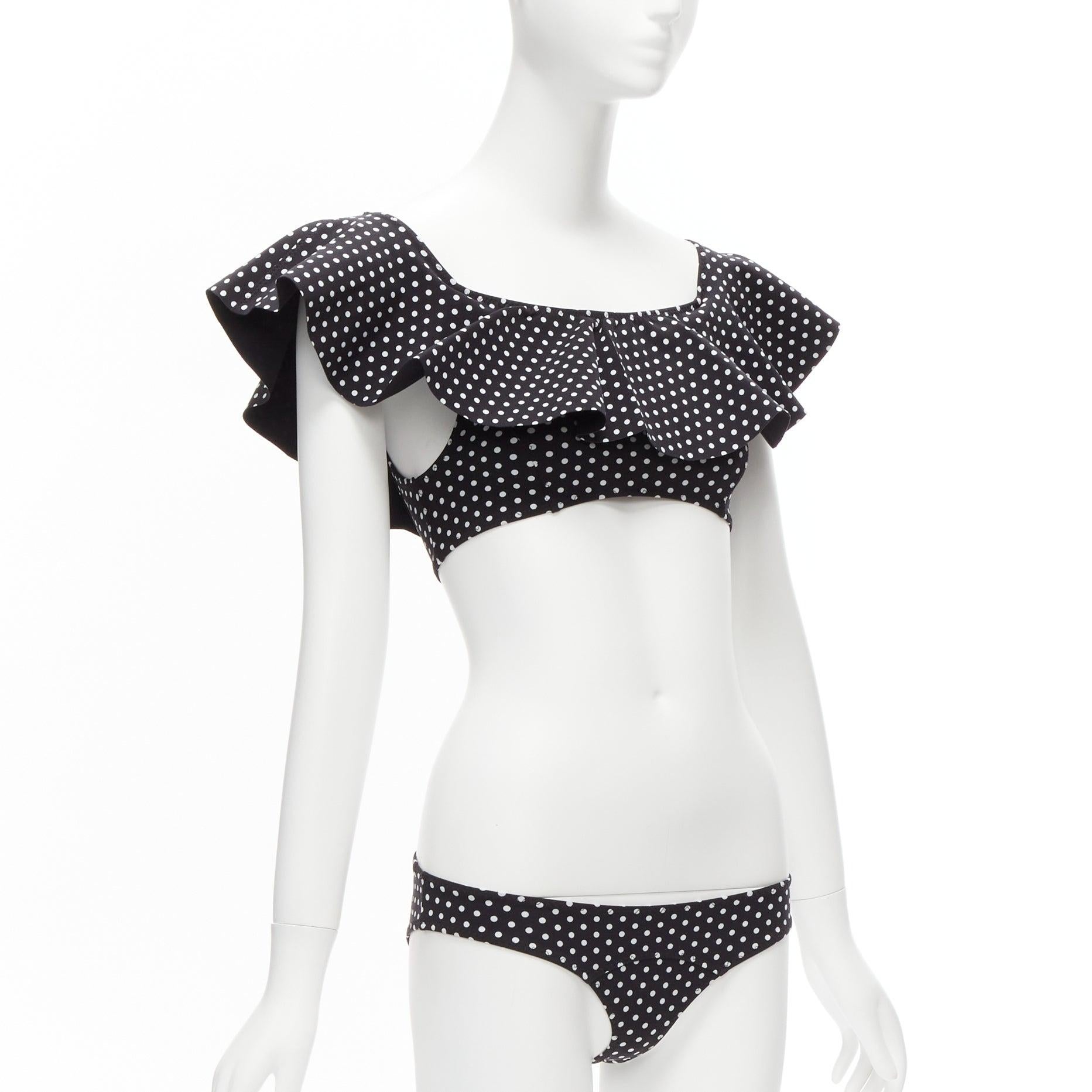 Gray LISA MARIE FERNANDEZ white polka dot ruffle off shoulder 2pc bikini Sz. 1 S For Sale