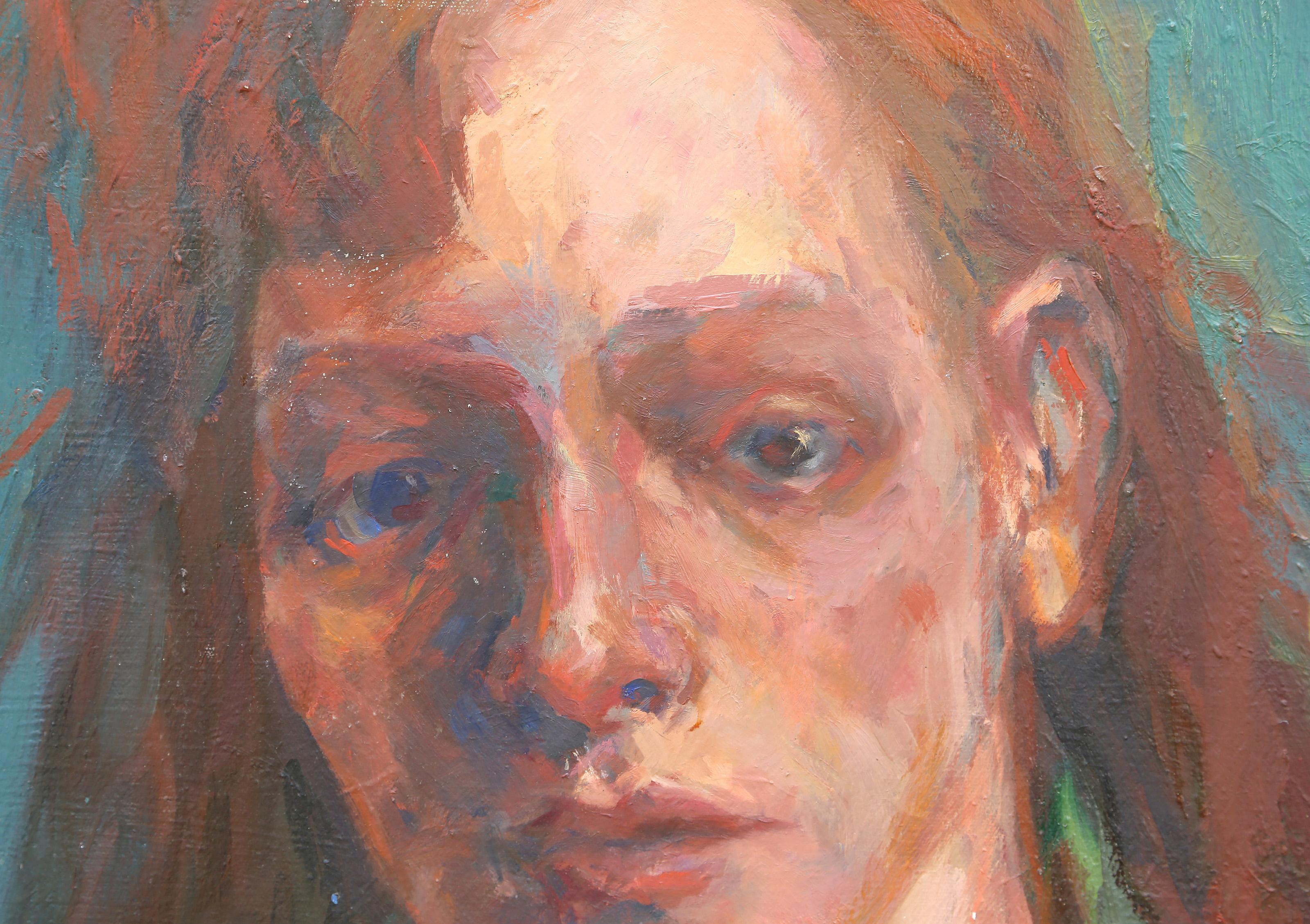 Woman in Red and Green, Impressionist Oil Painting by Lisa Martin For Sale 1