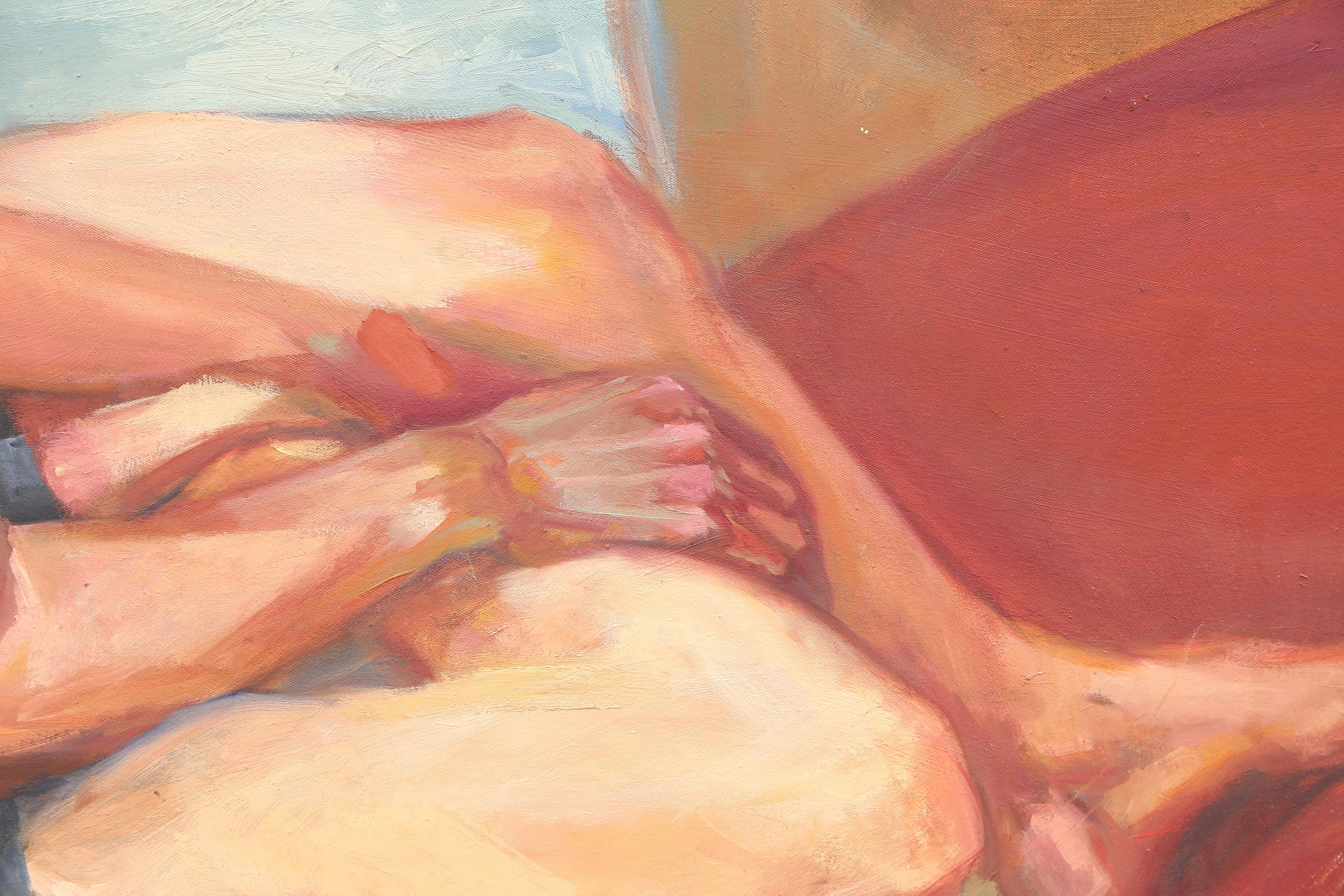 Donna sul lettino, pittura a olio fotorealista di Lisa Martin in vendita 2
