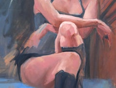 Donna sul portico, pittura ad olio Pop Art di Lisa Martin