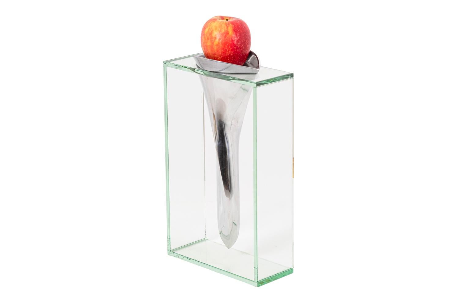 Lisa Mori, attributed. 

Vase with an organic shape in polished cast aluminum is suspended in rectangular structure in glass.

Work realized in the 1980s.