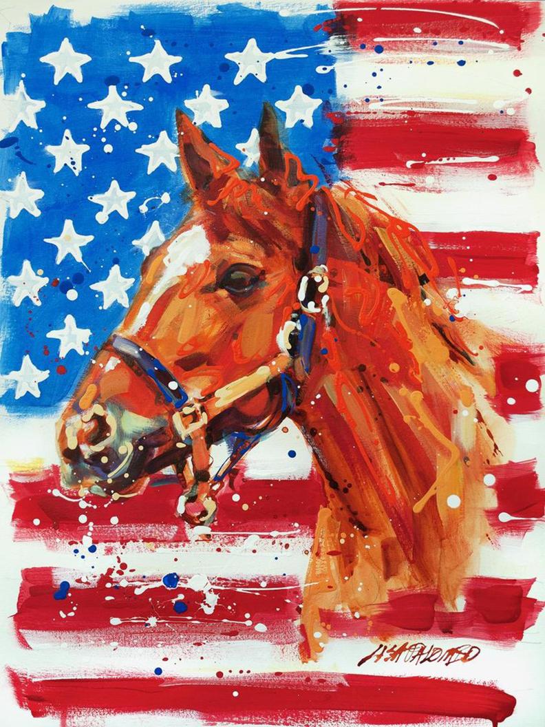 Lisa Palombo, „Big Red Flag Portrait #5“, Secretariat Equine Acrylgemälde 