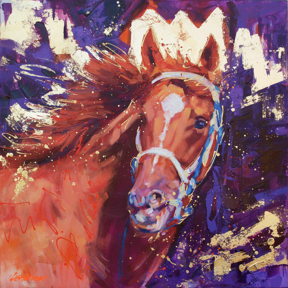 This bold and colorful equine impressionist painting, "Crown Prince" by artist Lisa Palombo is a 40x40 acrylic painting on canvas. Depicted is a portrait of racing legend Secretariat in his copper-colored glory. Marking the 50 anniversary of Big