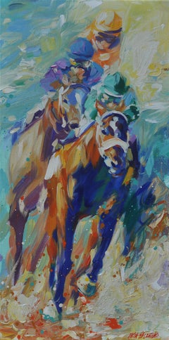 Lisa Palombo, "Horse Power I", 30x15 Colorful Equine Horse Racing Painting  