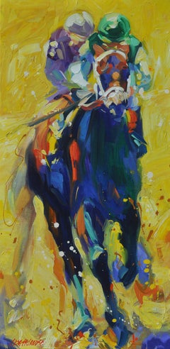 Lisa Palombo, « Horse Power III », peinture colorée de course de chevaux d'équitation 30x15