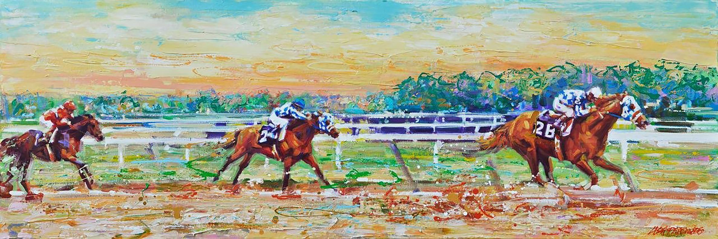 Dieses mutige und farbenfrohe impressionistische Pferdebild "Meadow Stable Mates" der Künstlerin Lisa Palombo ist ein 24x72 Acrylgemälde auf Leinwand. Abgebildet ist die Rennlegende Secretariat in seiner kupferfarbenen Pracht beim Marlboro
