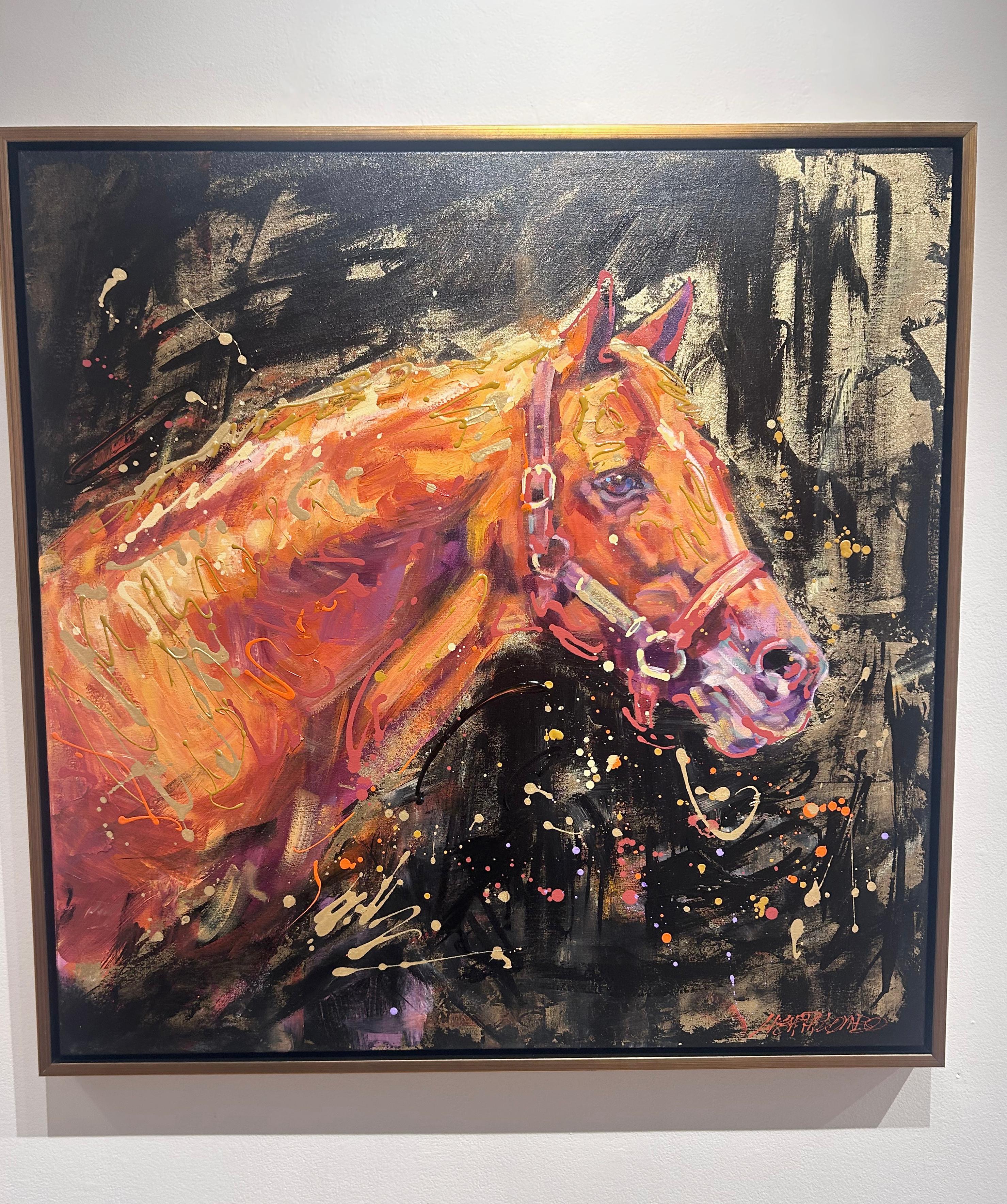 Lisa Palombo, „Our Golden Boy“, 40x40 Equine Secretariat-Pferd, Gemälde im Angebot 1