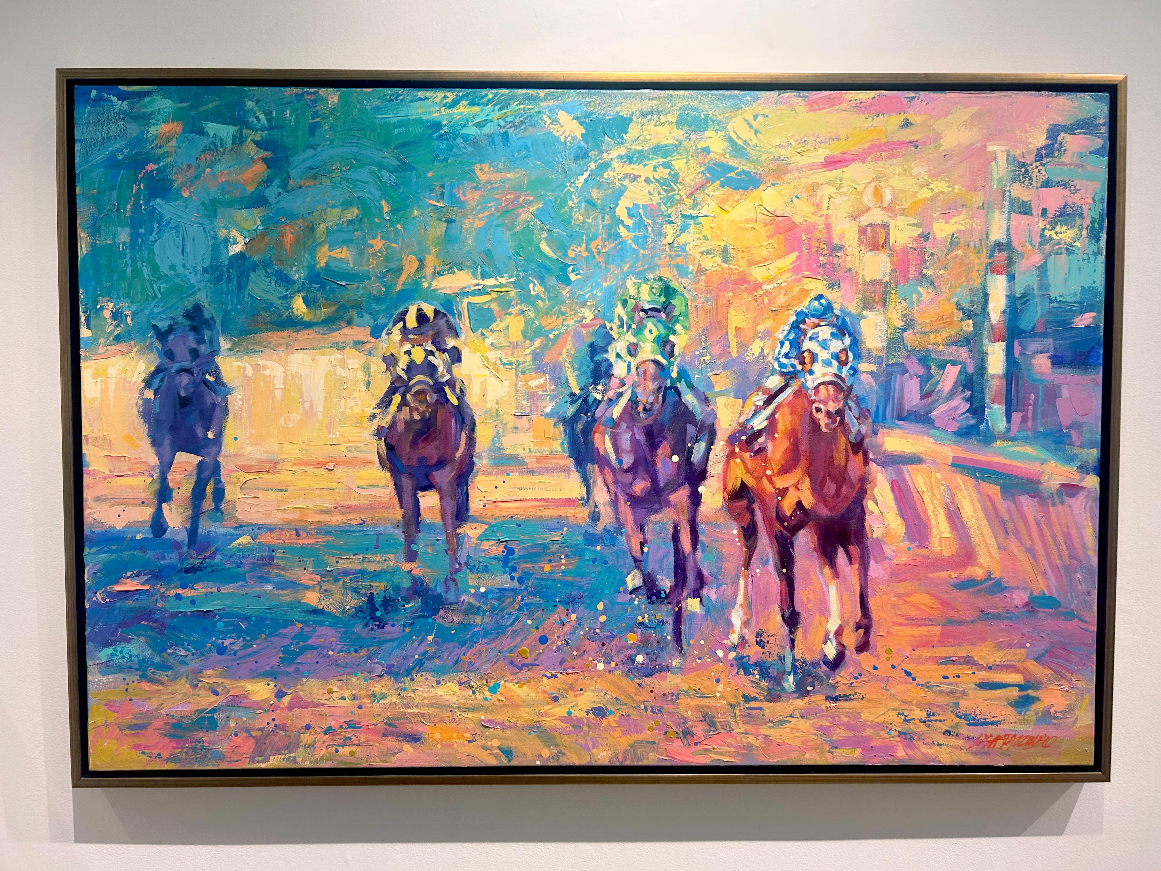 Lisa Palombo, „Pulling Ahead“, farbenfrohes Gemälde, Secretariat Equine-Pferdrennen  im Angebot 1