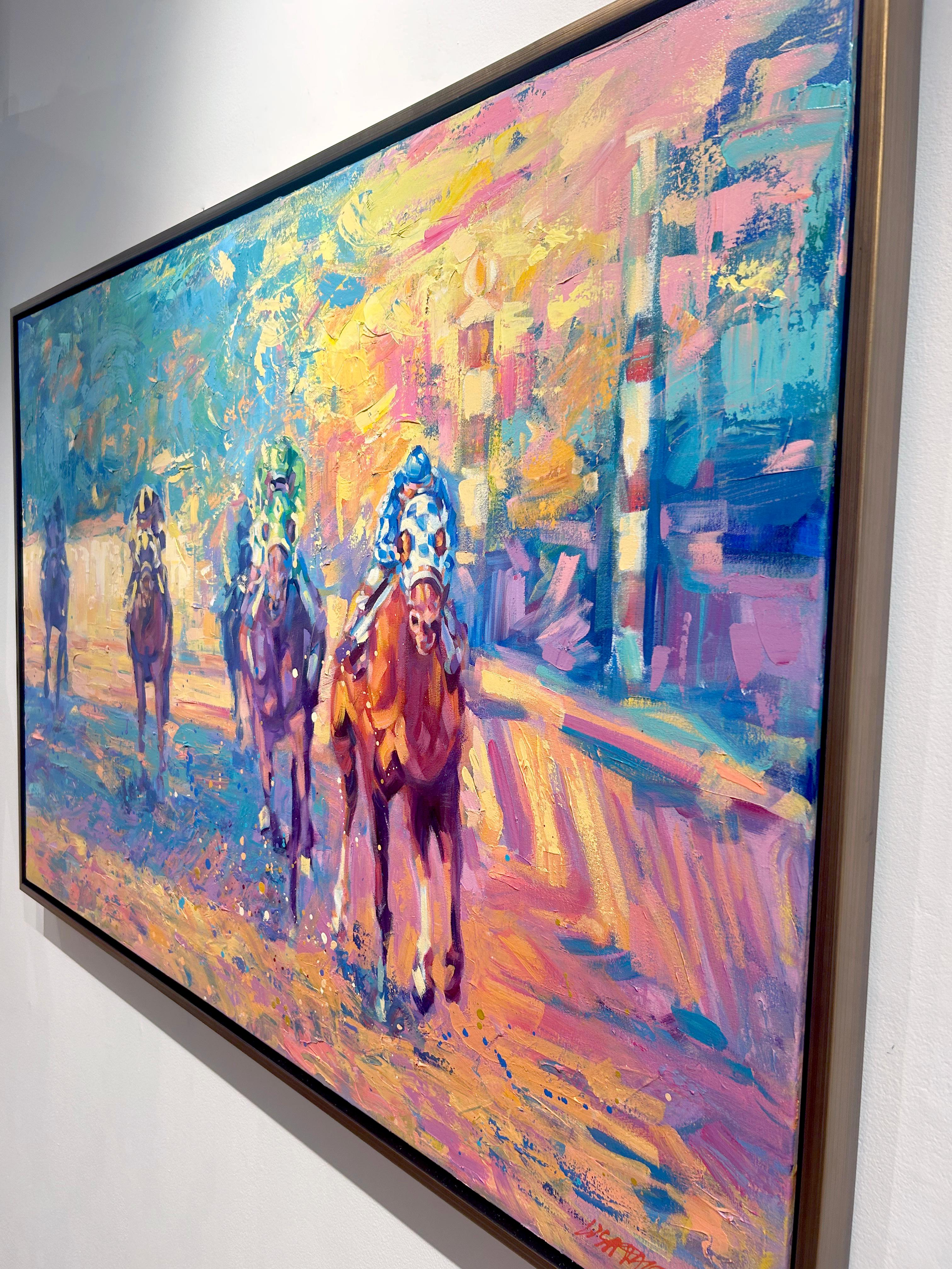 Lisa Palombo, „Pulling Ahead“, farbenfrohes Gemälde, Secretariat Equine-Pferdrennen im Angebot 2