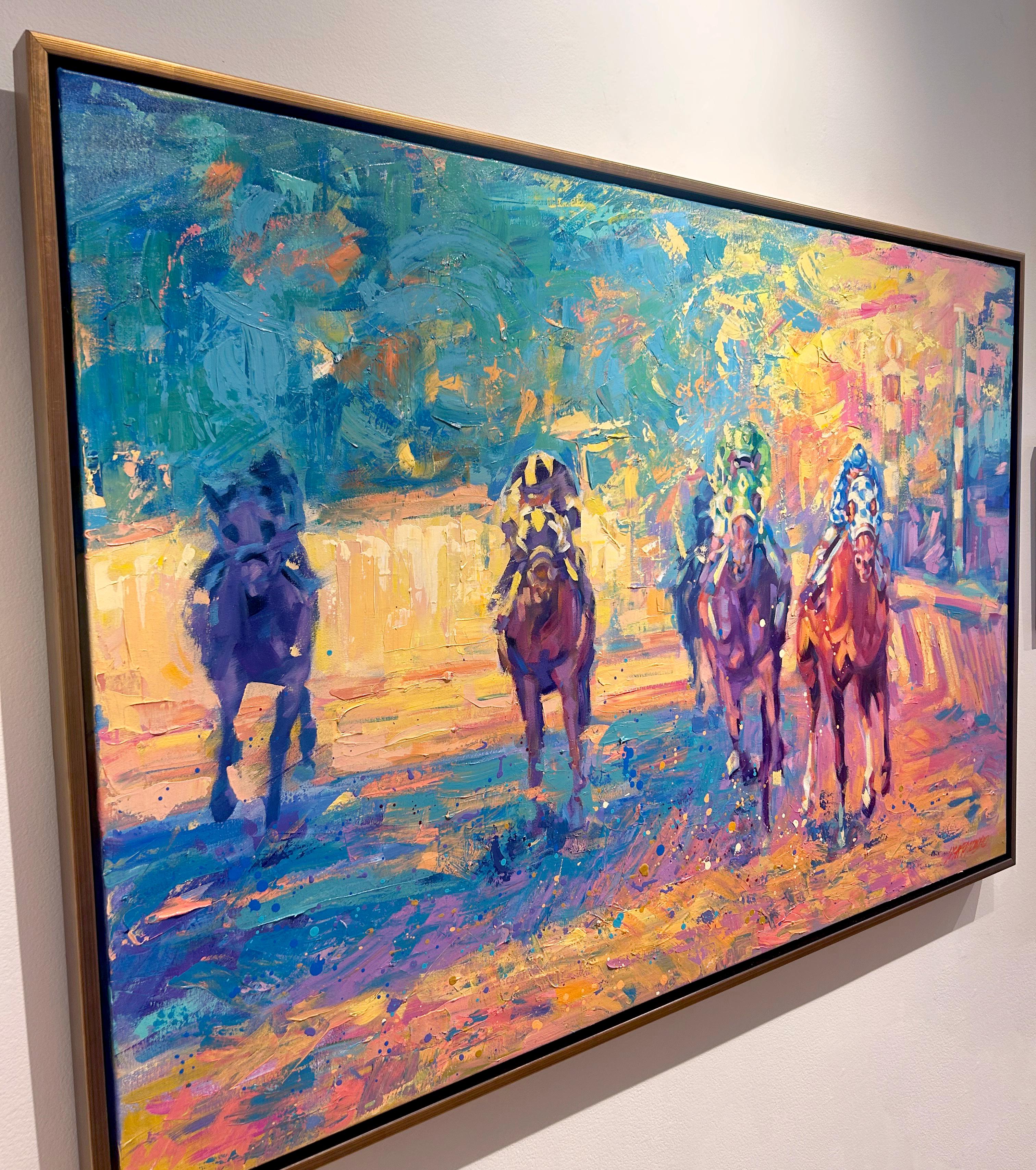 Lisa Palombo, „Pulling Ahead“, farbenfrohes Gemälde, Secretariat Equine-Pferdrennen  im Angebot 3