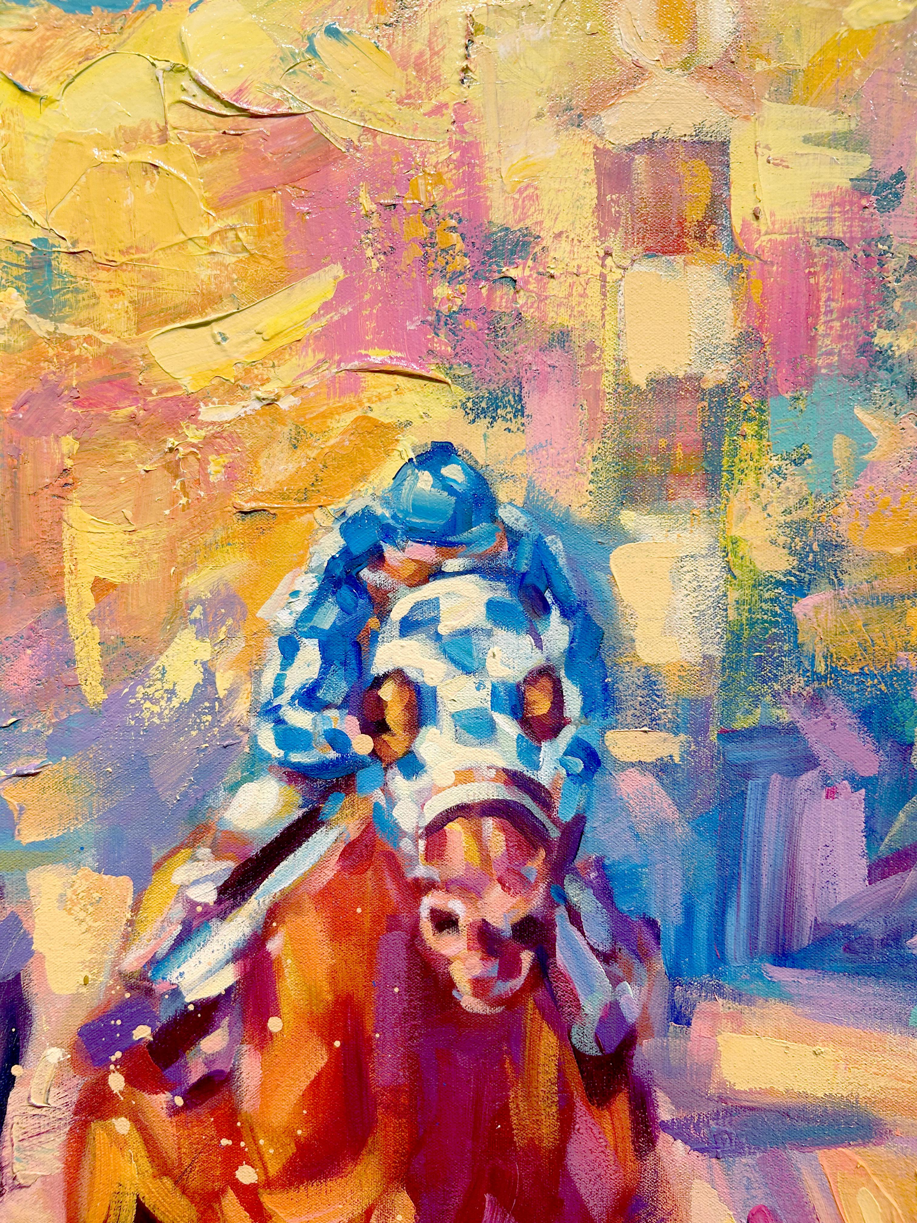 Lisa Palombo, „Pulling Ahead“, farbenfrohes Gemälde, Secretariat Equine-Pferdrennen  im Angebot 5