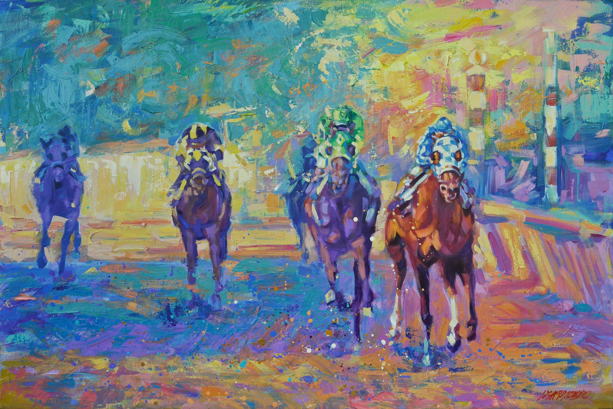 Dieses mutige und farbenfrohe impressionistische Pferdebild "Pulling Ahead" der Künstlerin Lisa Palombo ist ein 40x60 Acrylgemälde auf Leinwand. Abgebildet ist die Rennlegende Secretariat, die mit dem Jockey Ron Turcotte in Big Reds klassischer