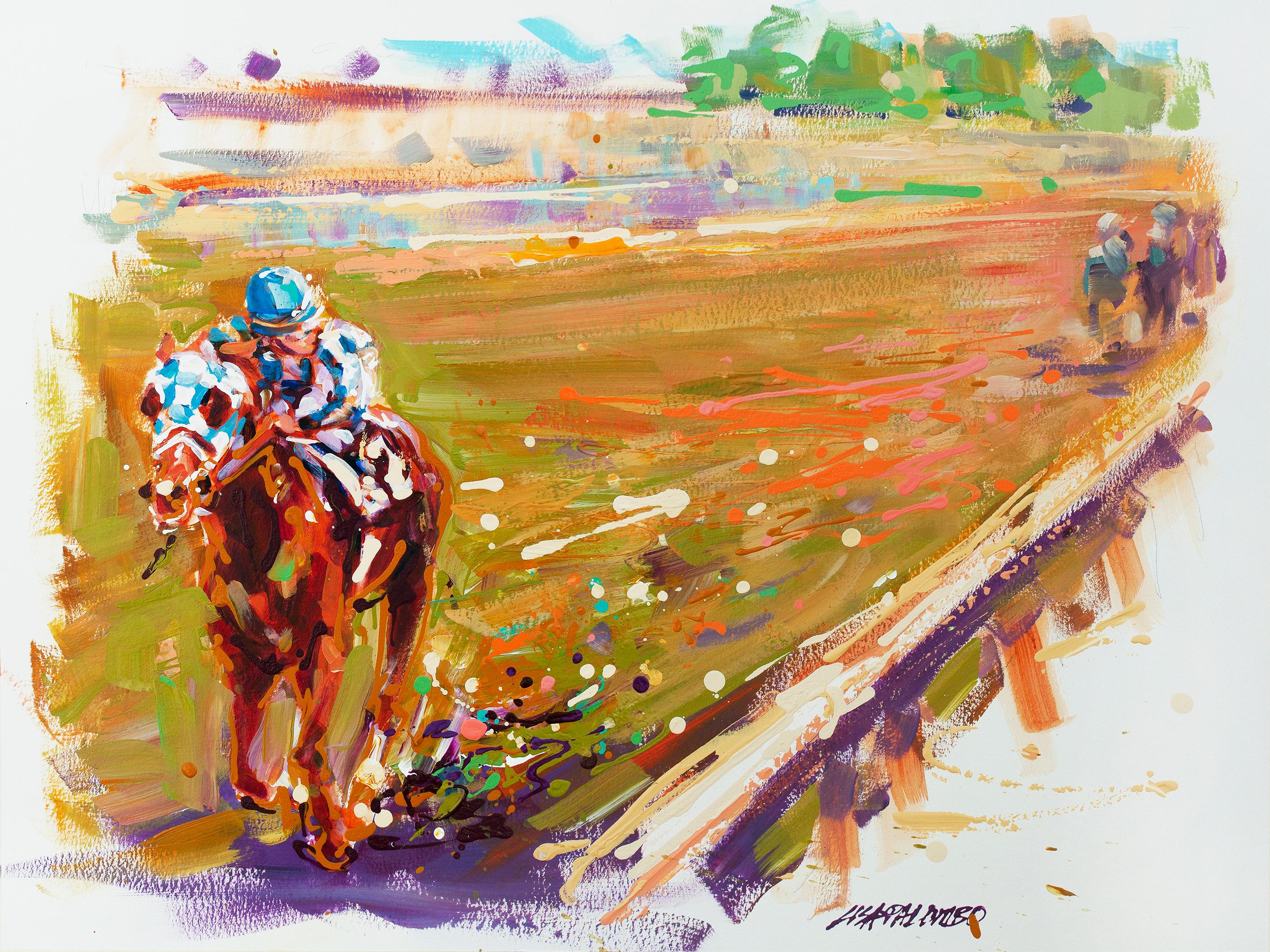 Cette peinture impressionniste équine colorée, "Secretariat 31 Lengths" de l'artiste Lisa Palombo est une esquisse acrylique 18x24 sur papier aquarelle. Le portrait de Secretariat, légende des courses, courant les Belmont Stakes de 1973, au moment