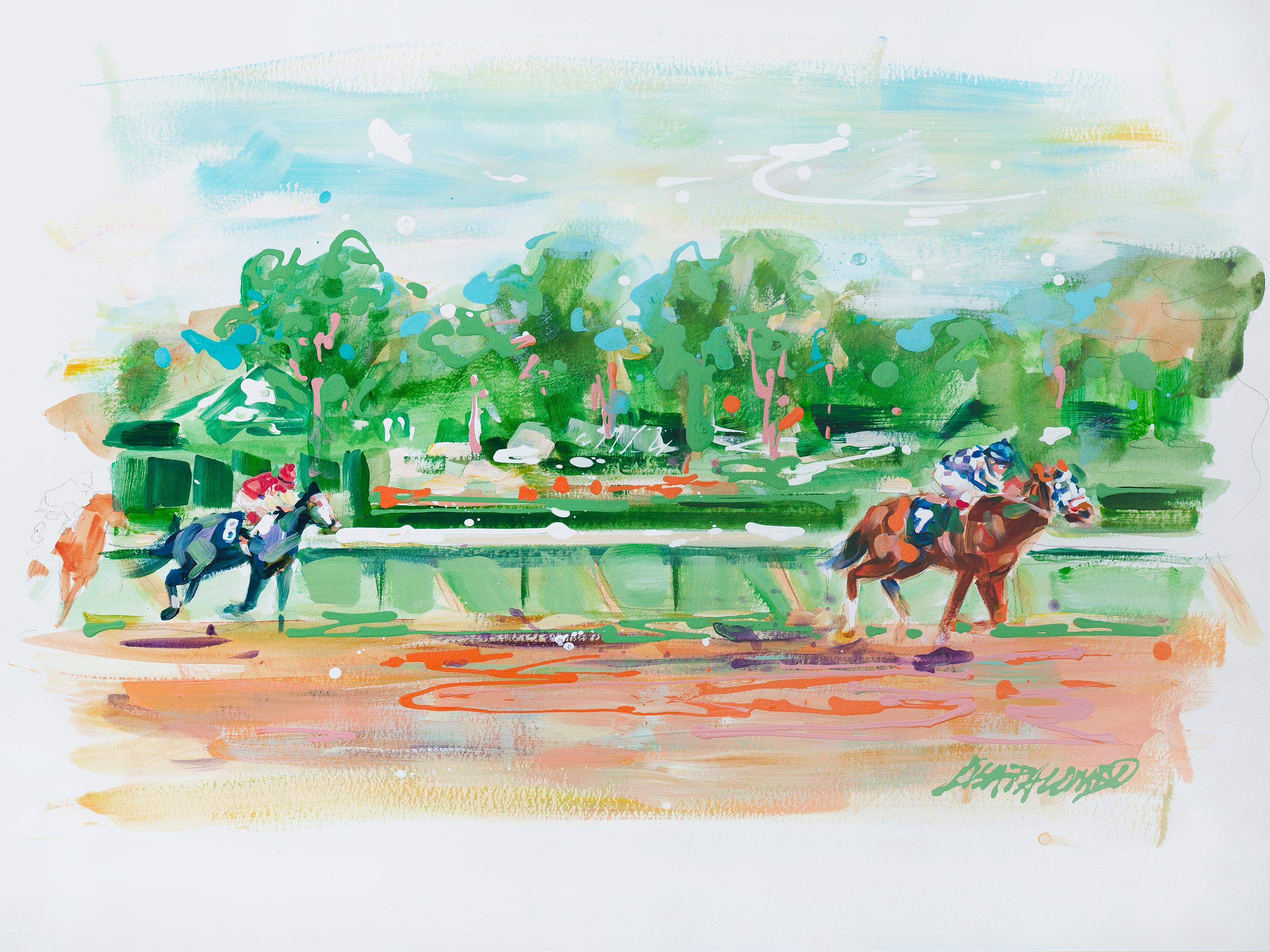 Dieses farbenfrohe, impressionistische Gemälde "Secretariat Hopeful Stakes" der Künstlerin Lisa Palombo ist eine 18x24 Acrylskizze auf Aquarellpapier. Abgebildet ist ein Porträt der Rennlegende Secretariat, der 1972 die Hopeful Stakes lief und damit