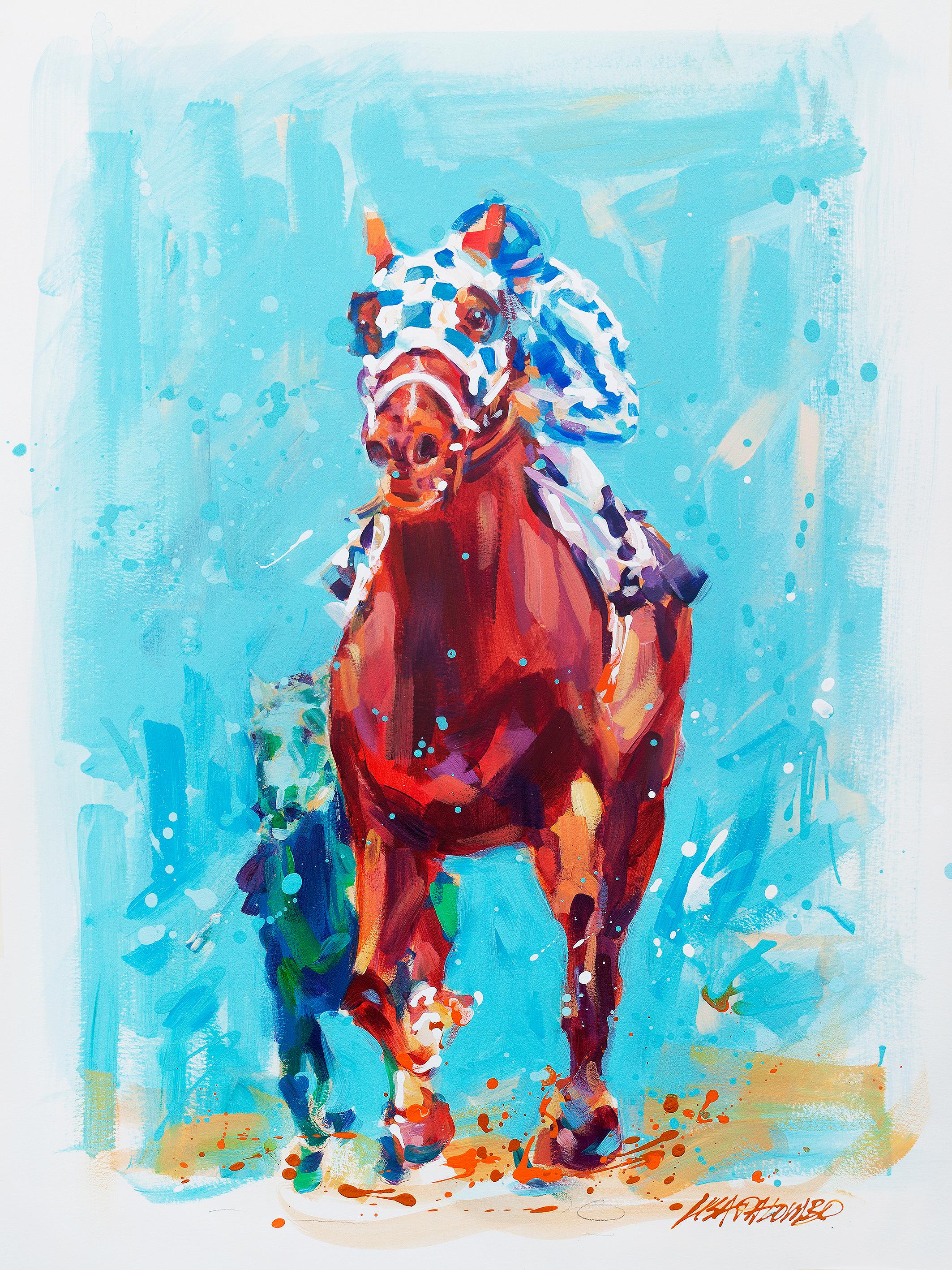 Lisa Palombo, "Secretariat Tremendous Machine" Blue Horse Race Painting