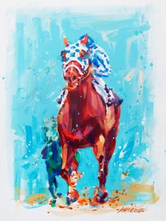 Used Lisa Palombo, "Secretariat Tremendous Machine" Blue Horse Race Painting