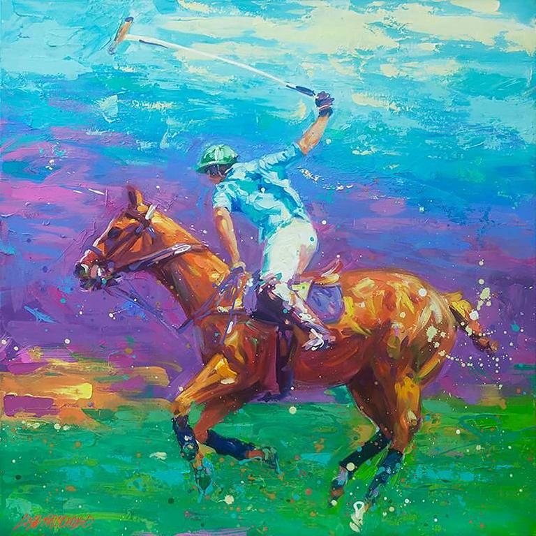 Lisa Palombo, « Sport of Kings I », peinture colorée d'un match de polo avec Equine, 40x40