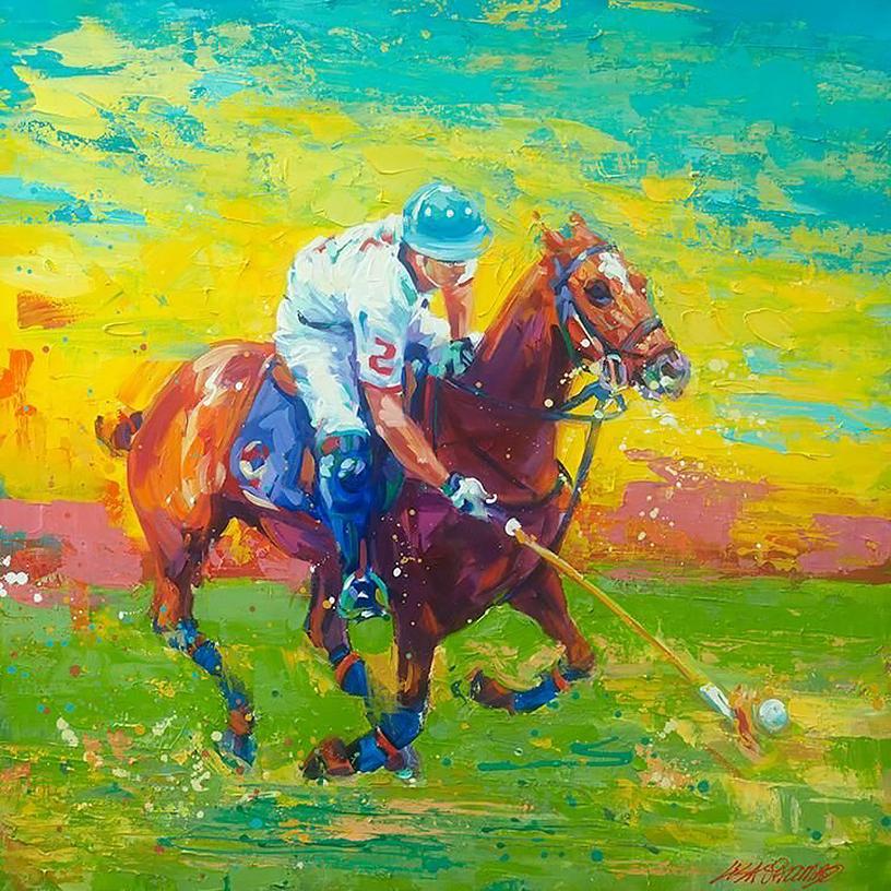 Lisa Palombo, "Sport of Kings II", 40x40 Colorful Equine Polo Painting on Canvas