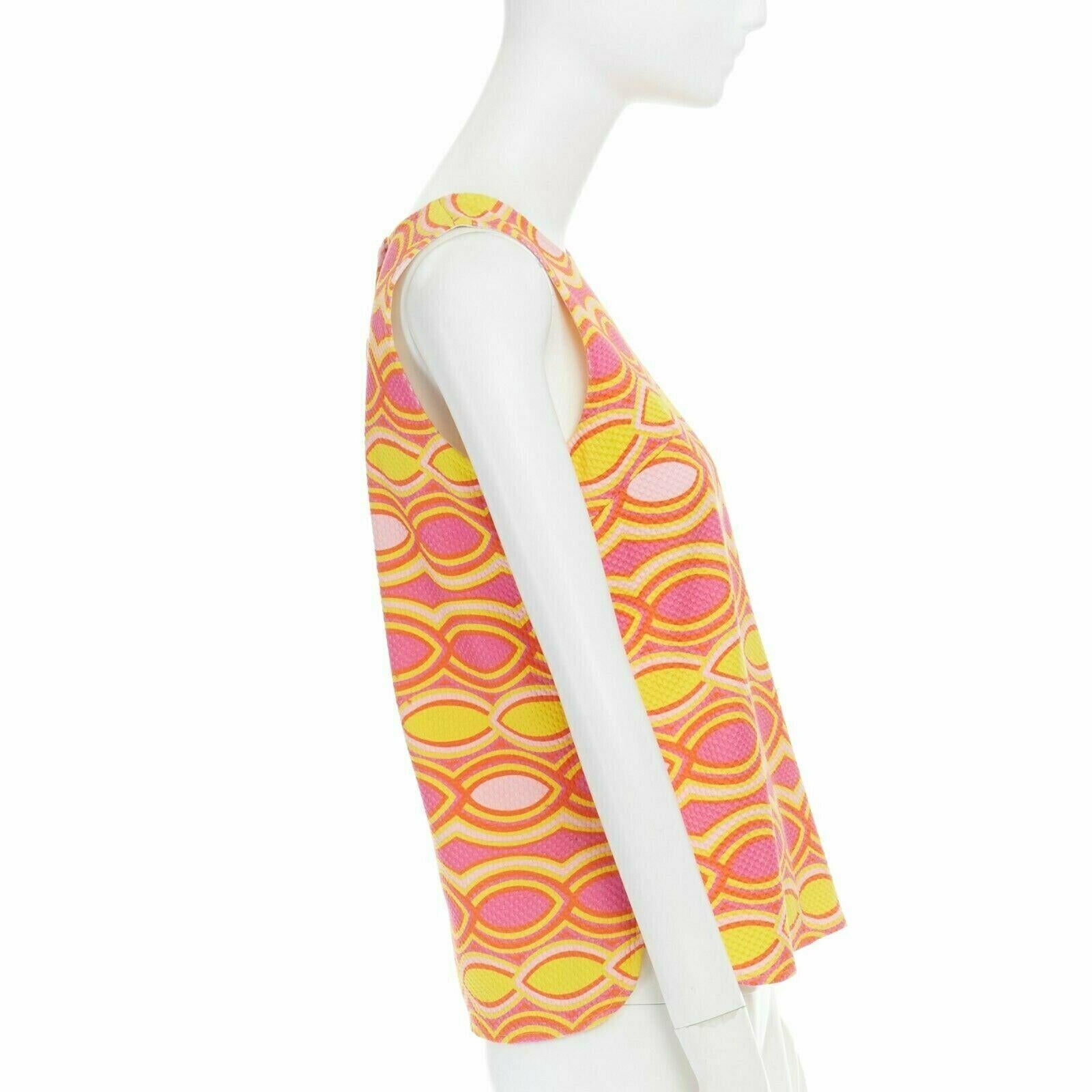White LISA PERRY 60s mod con pink yellow geometric print textured cotton top US2 UK6 S