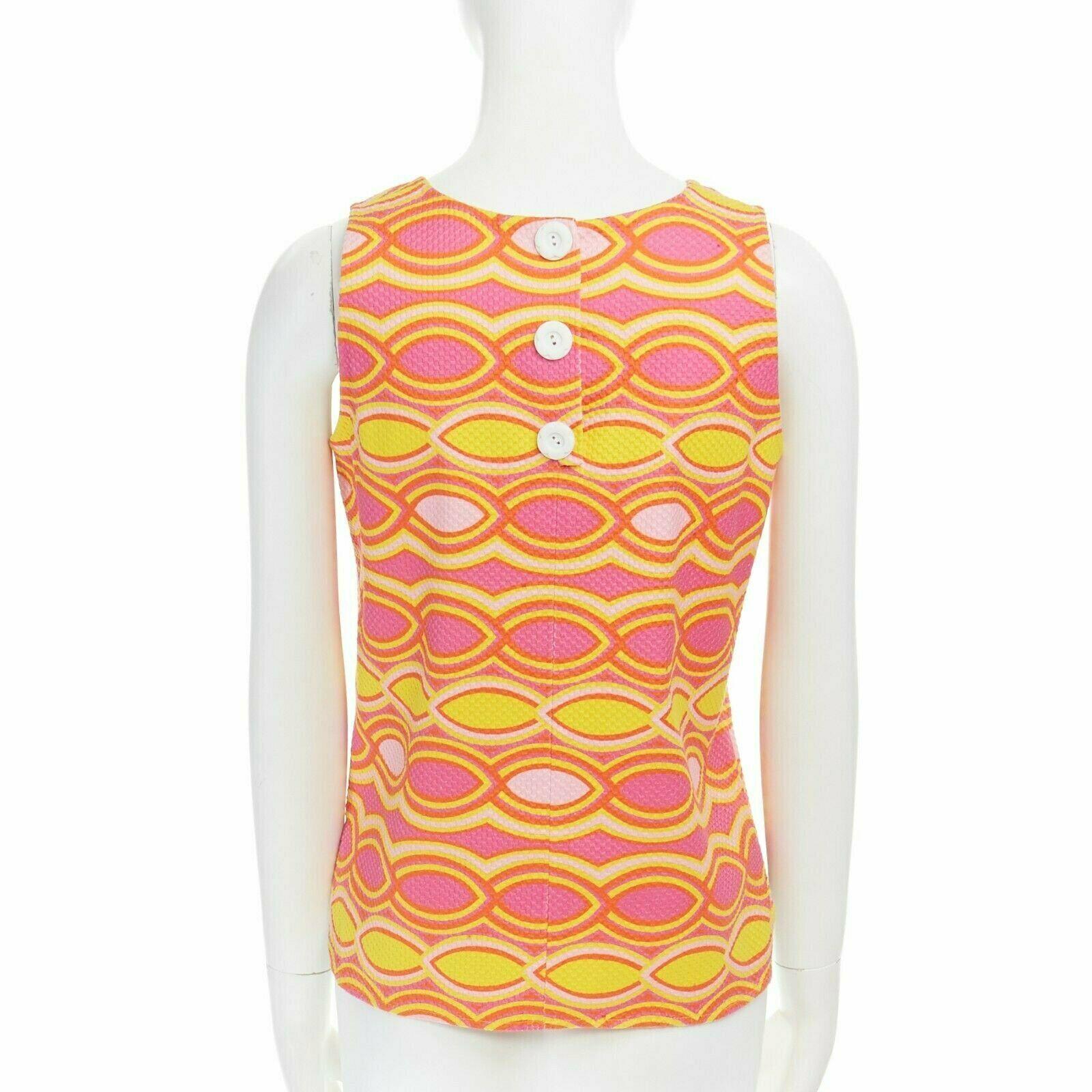LISA PERRY 60s mod con pink yellow geometric print textured cotton top US2 UK6 S In Good Condition In Hong Kong, NT